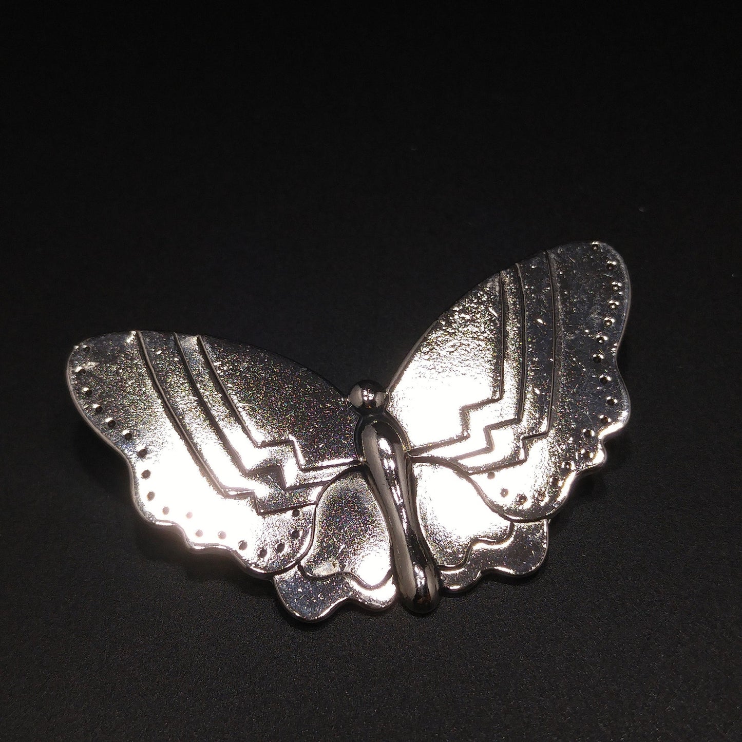 Laurel Burch Butterfly Brooch, Rhodium Plated, Black Enamel, 1980s Vintage Jewelry