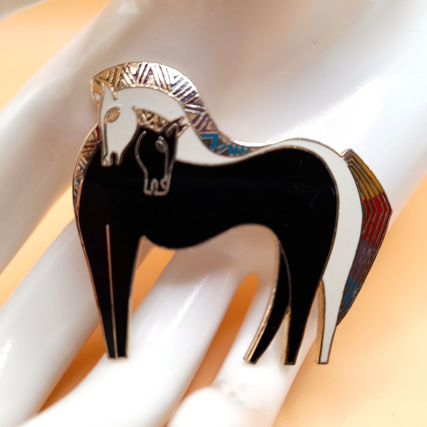 Laurel Burch "Embracing Horses" Brooch, Gold Plated, Black White Horse, 1980s Vintage Jewelry