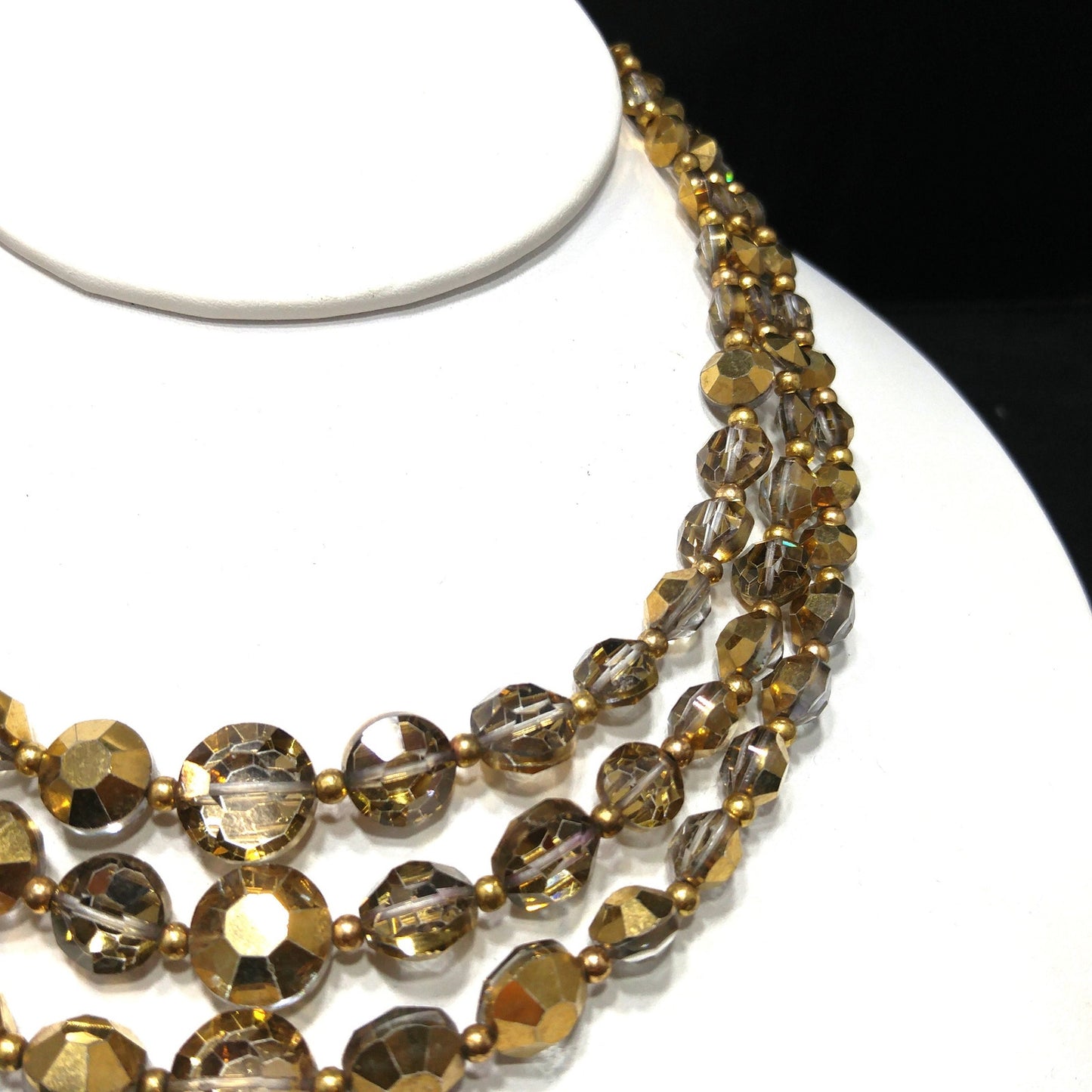 Mid-Century Gold Aspirin Crystal Bead Necklace, Three Strands, 1960s Vintage Jewelry