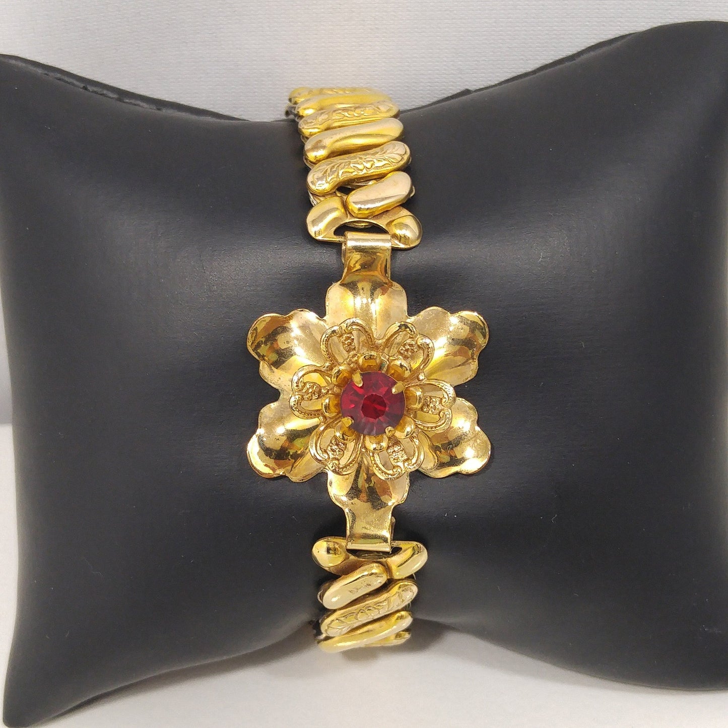 Barclay Gold Filled Flower Expansion Bracelet, Red Crystal Gold Flower