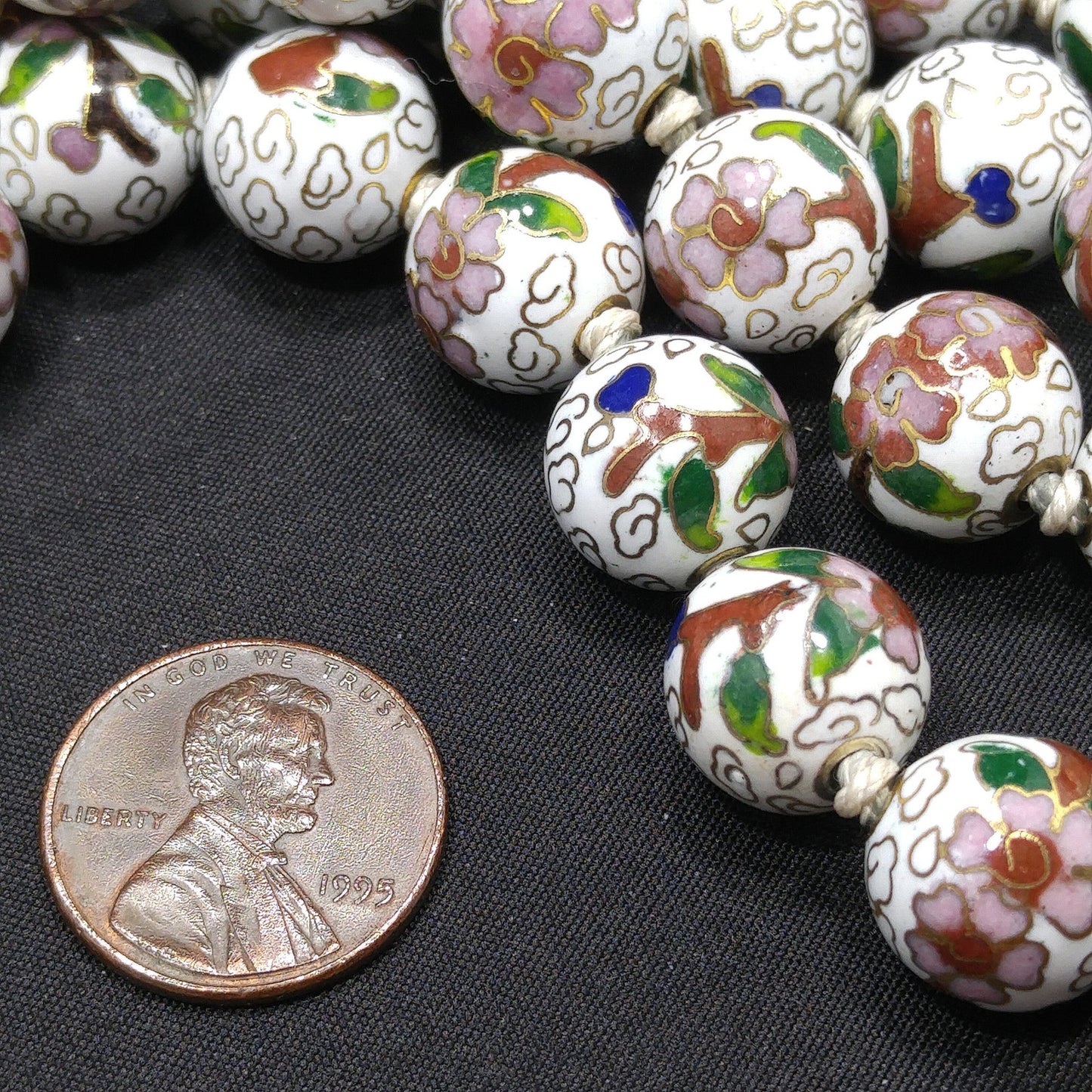 Vintage Cloisonne Beaded Necklace, Hand Knotted, Hand Painted Floral Beads, 1960s Vintage Jewelry