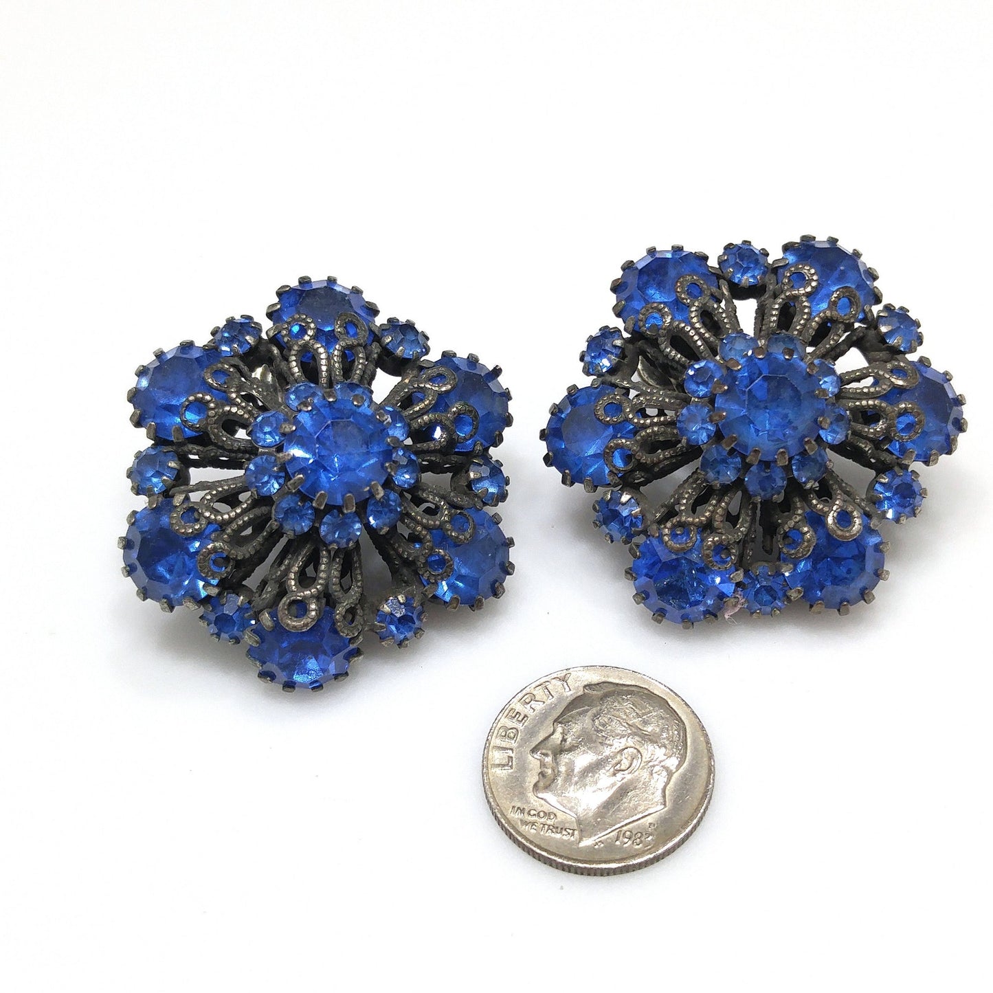 Vendome Blue Rhinestone Floral Clip Earrings, Antiqued Silver Tone, 1950s Vintage Jewelry