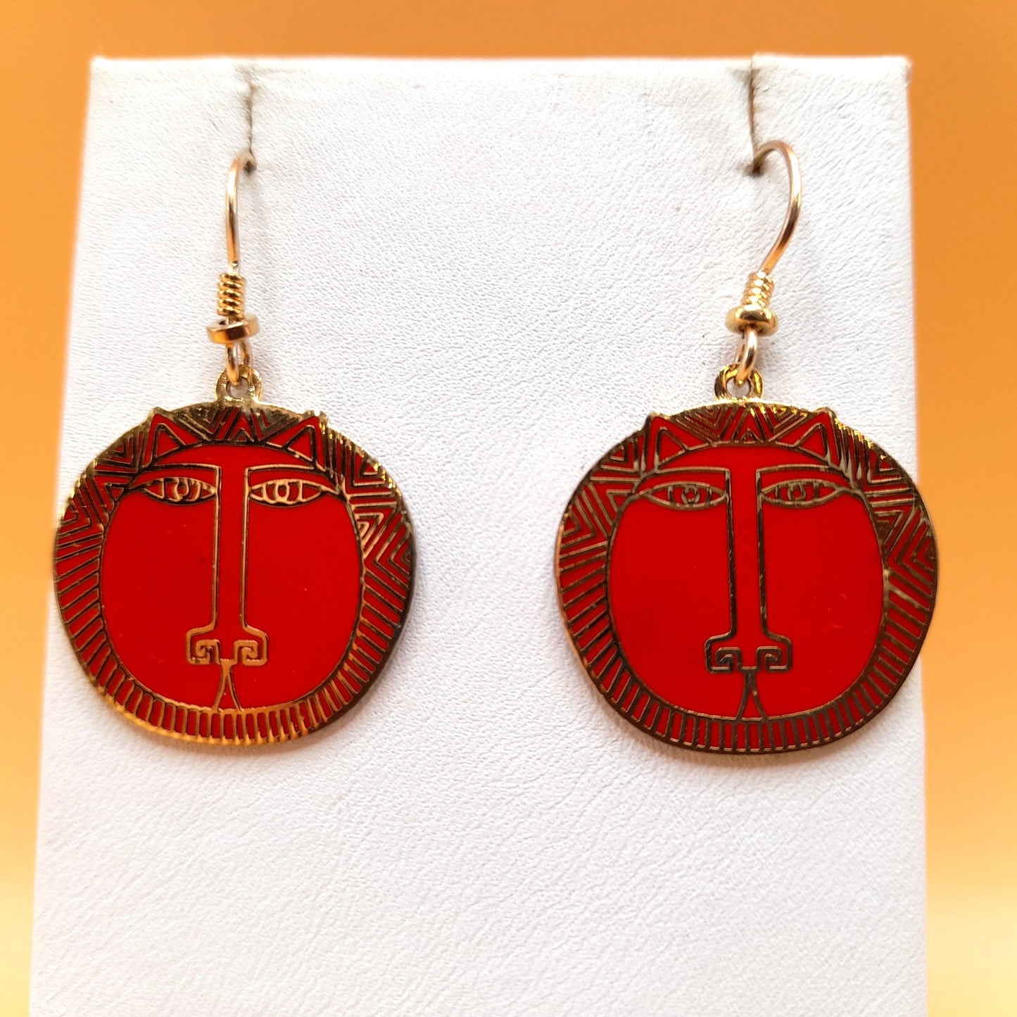 Laurel Burch "Moon Tiger" Red Drop Earrings, Gold Plated Cloisonné, Red Enamel, 1980s Vintage Jewelry