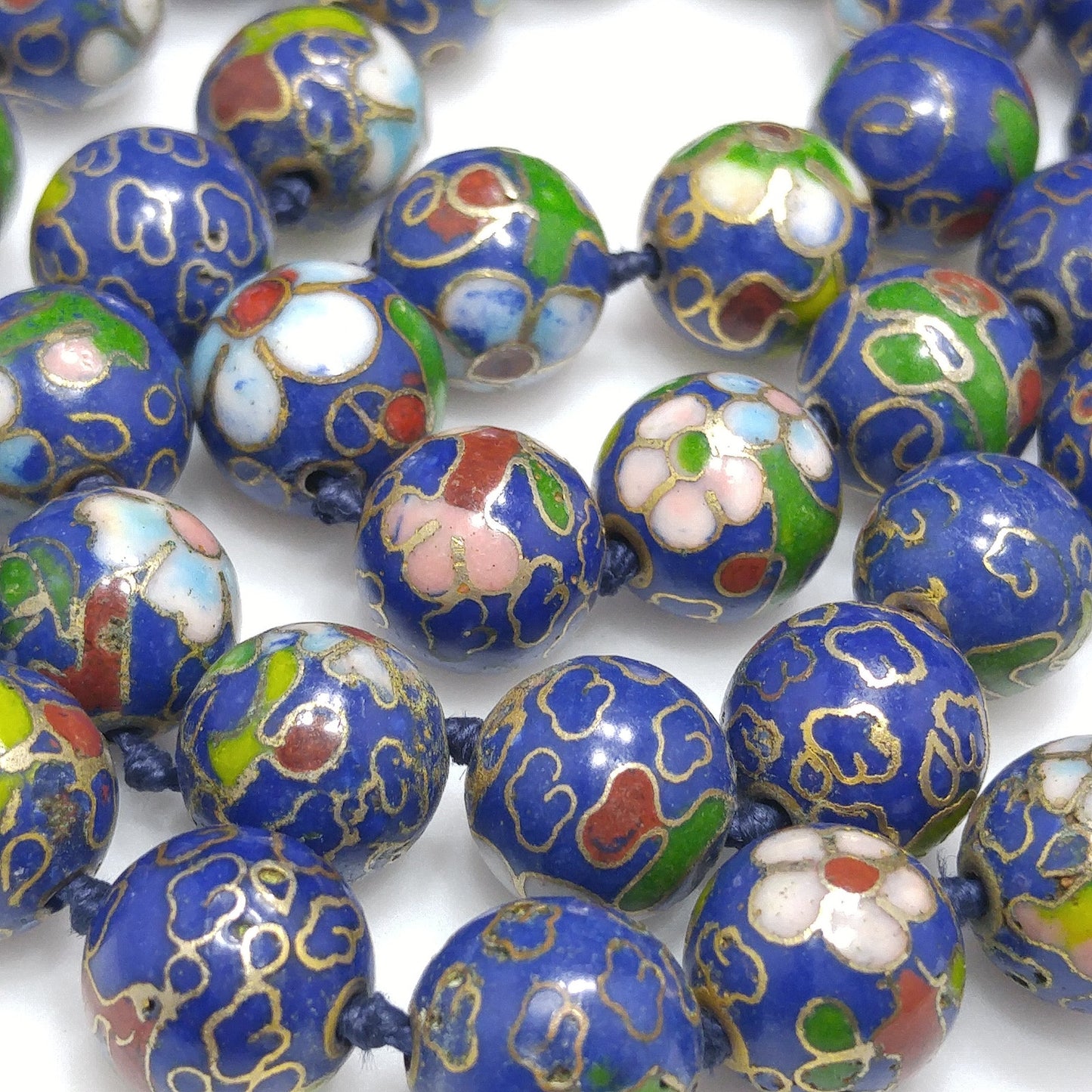 Cloisonne Blue Beaded Necklace, Floral Hand Painted Beads, 1960s Vintage Jewelry