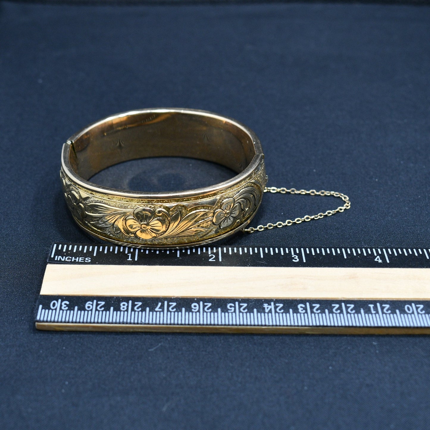 S O Bigney Gold Filled Floral Hinged Bracelet, Safety Chain, 1930s Vintage Jewelry