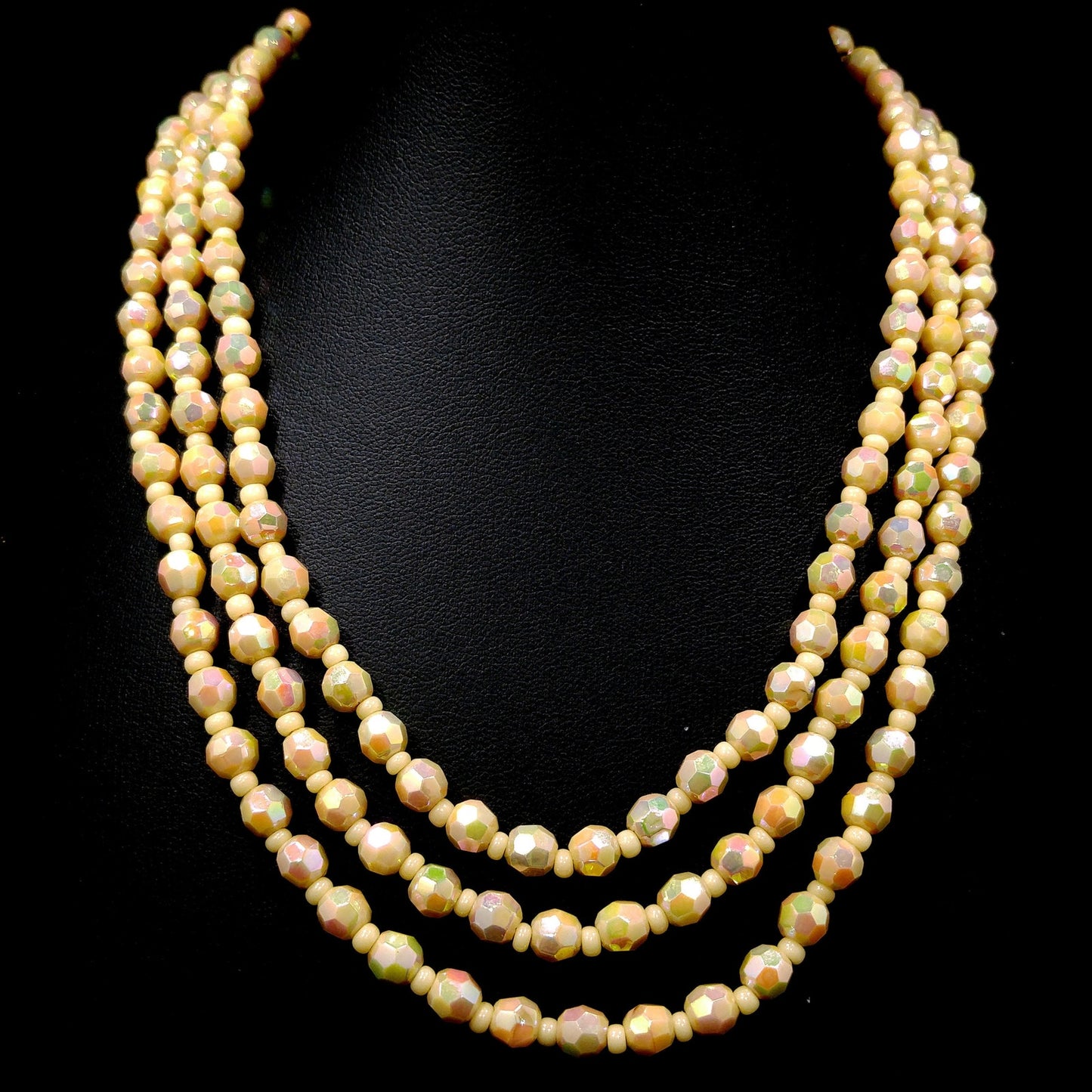 West Germany Fire Polished Beige Beaded Necklace, Three Strands, 1950s Vintage Jewelry