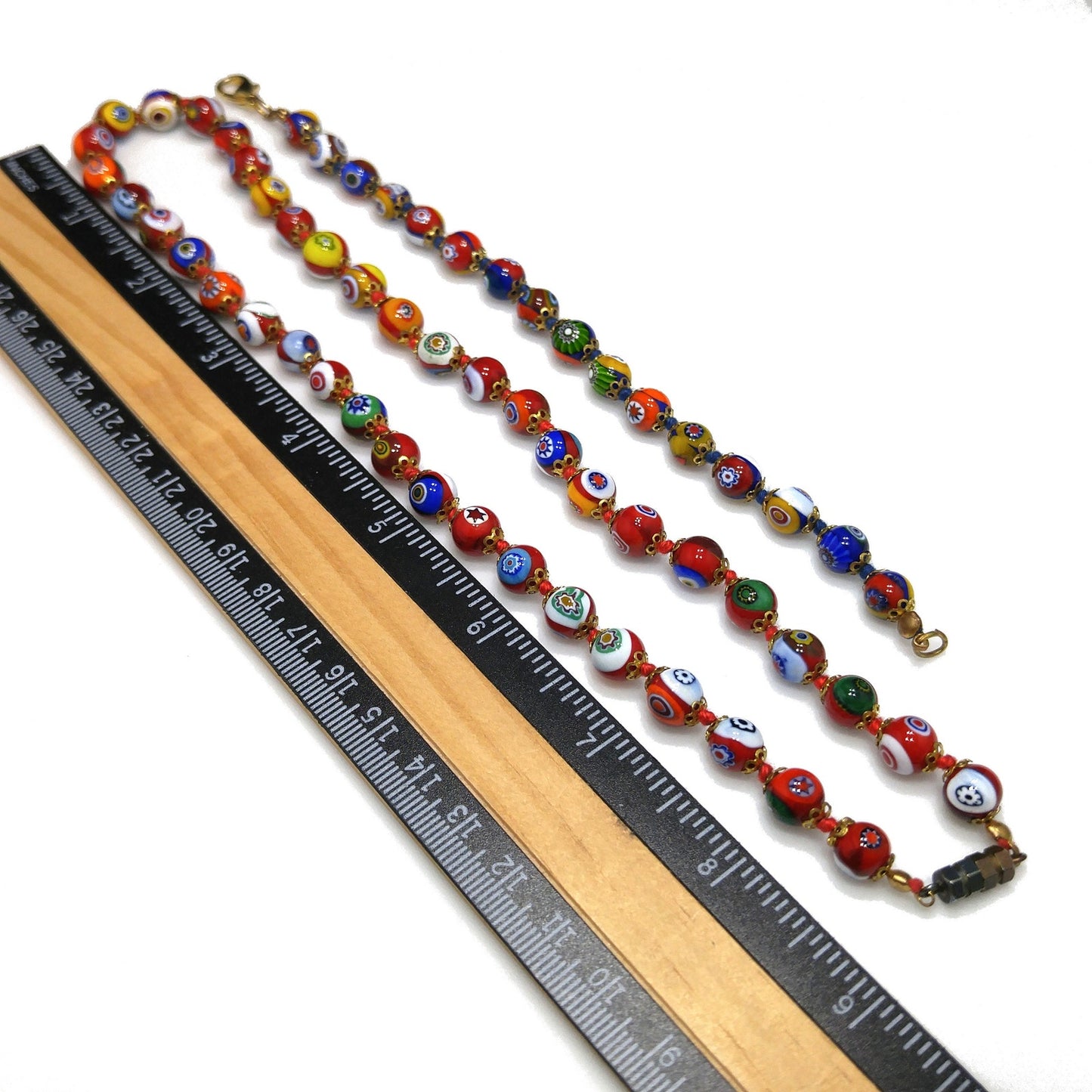 Murano Millefiori Beaded Necklace Bracelet Set, Hand Blown Glass, Hand Knotted in Red, 1950s Vintage Jewelry