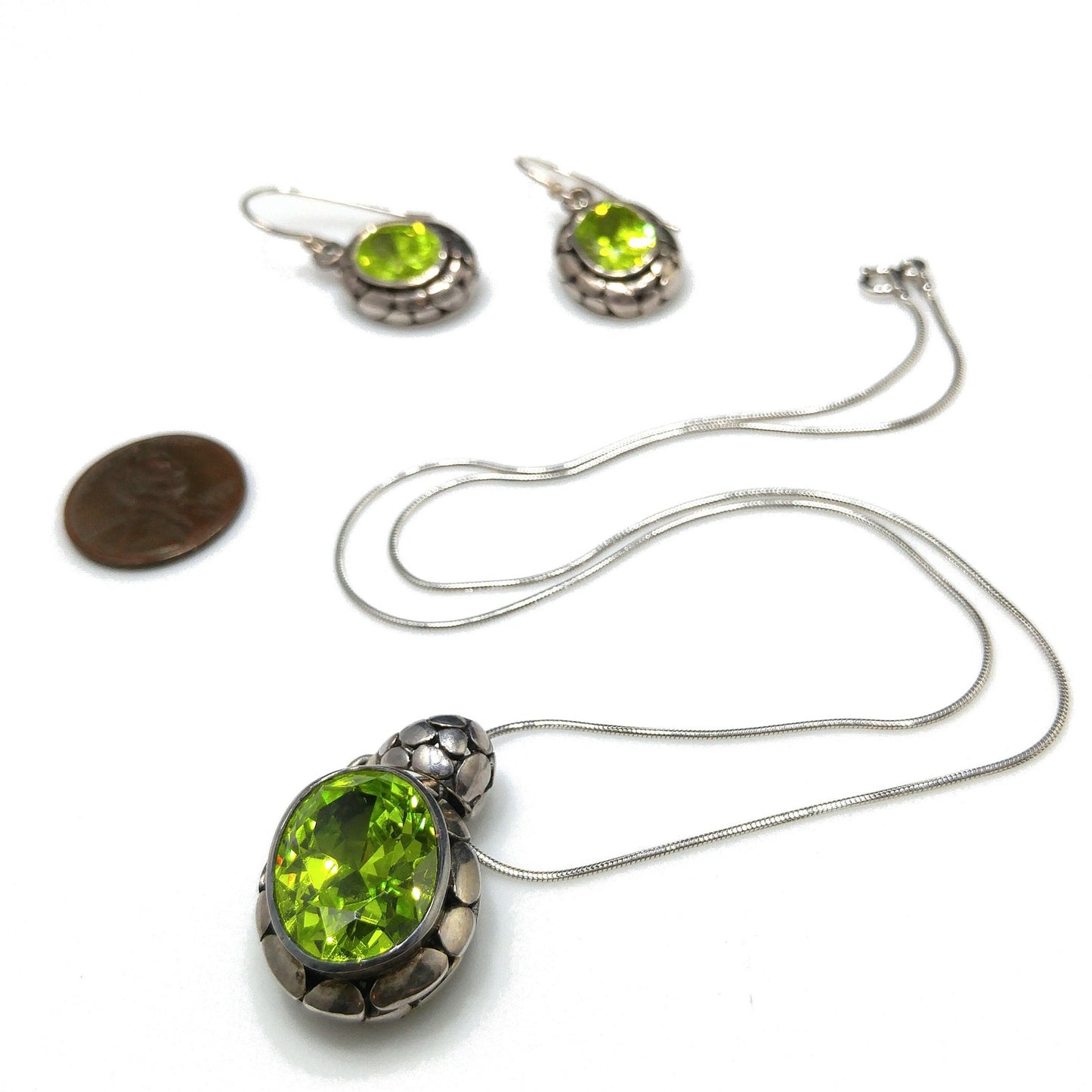 Peridot CZ Silver Necklace & Earrings Set, Italy Snake Chain, 1990s Vintage Jewelry
