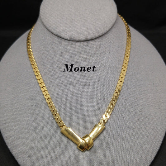 Monet Herringbone Chain Necklace, Gold Plated, V Pendant, 1980s Vintage Jewelry