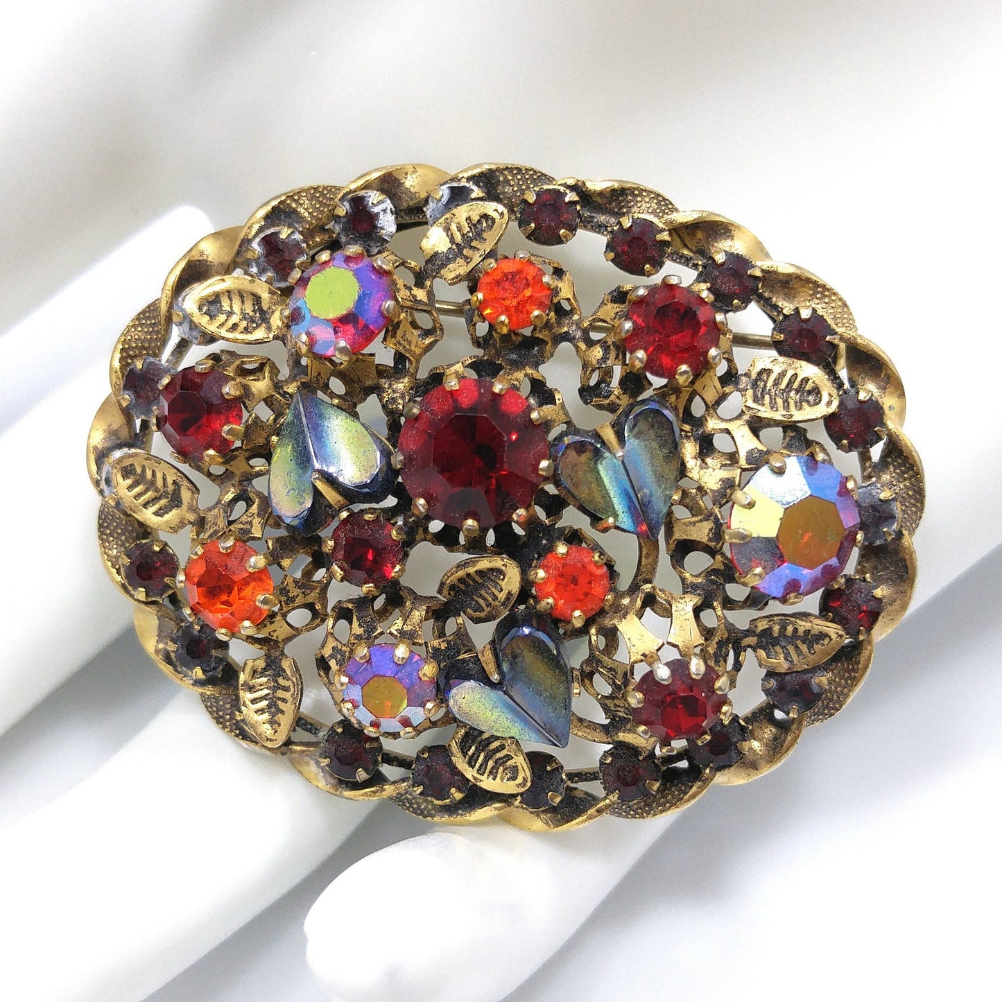 Austria Red Orange Rhinestone Gold Plated Brooch, Metallic Art Glass, 1950s Vintage Jewelry