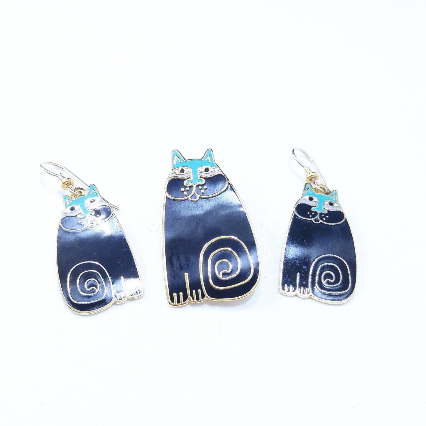 Laurel Burch "Olivia" Cat Earrings & Pendant Brooch Combo, 1980s Vintage Jewelry
