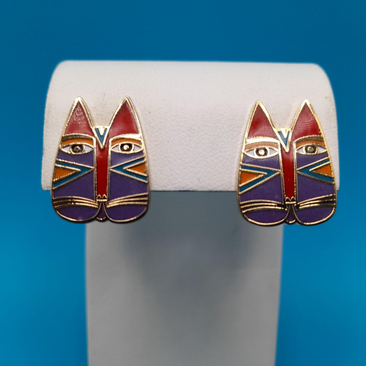 Laurel Burch "Gato" Cat Post Earrings, Enamel Cloisonne, Gold Plated, 1980s Vintage Jewelry
