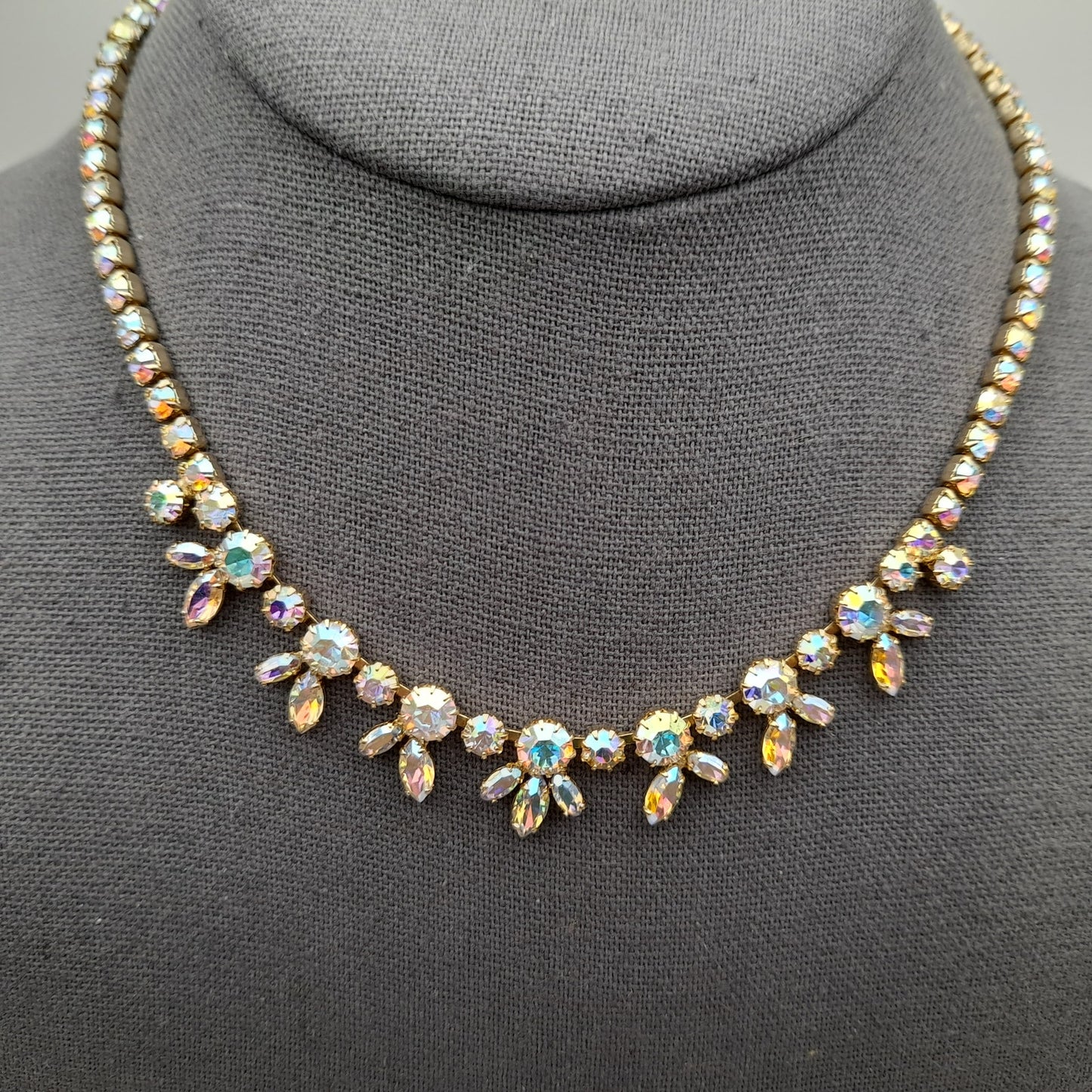 Vintage Sherman Aurora Borealis Rhinestone Gold Plated Choker Necklace, 1960s