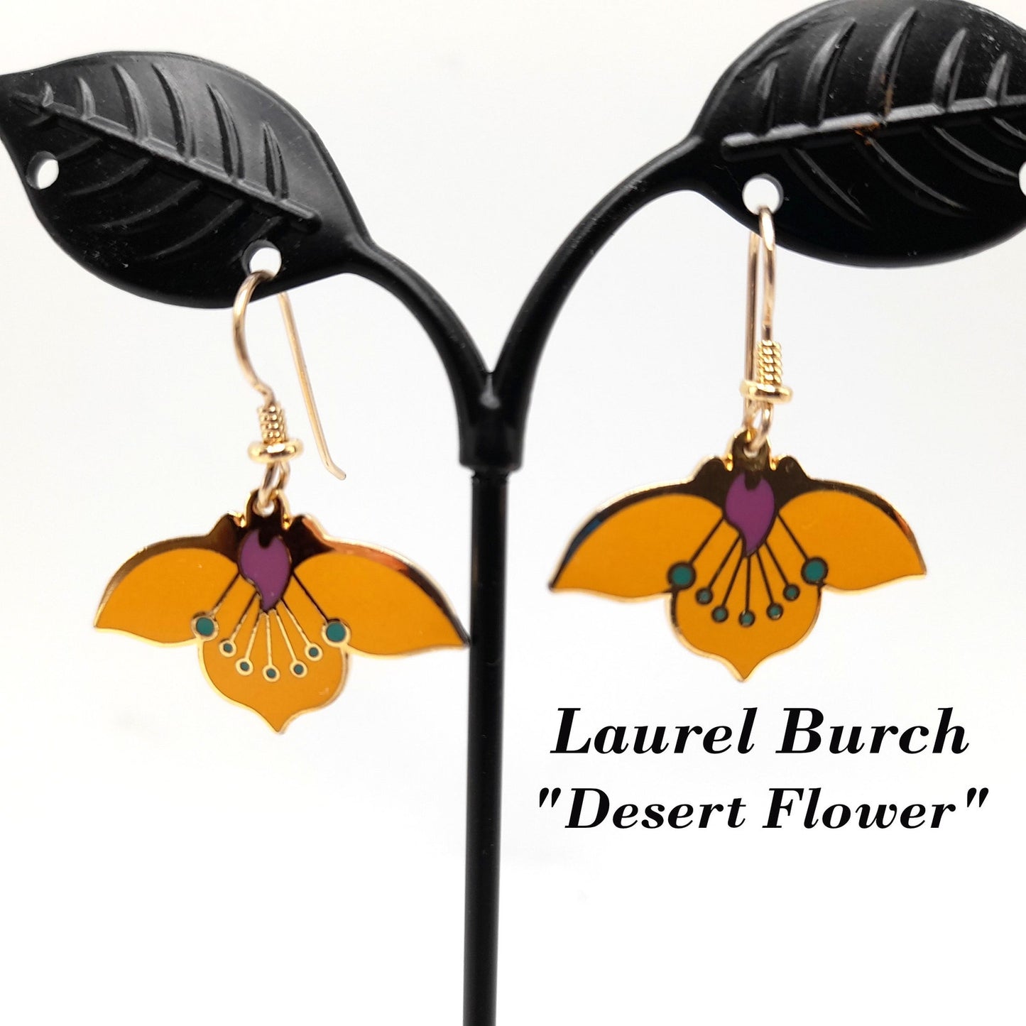 Laurel Burch "Desert Flower" Earrings, Golden Yellow Enamel, Gold Plated Cloisonne, 1980s Vintage Jewelry