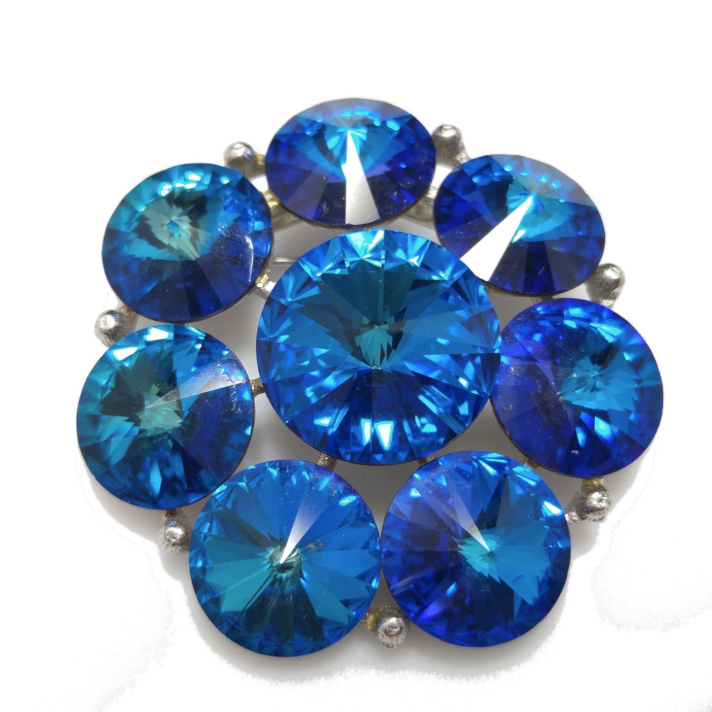 Vintage Weiss Blue Rivoli Rhinestone Brooch, Foil Back Stones