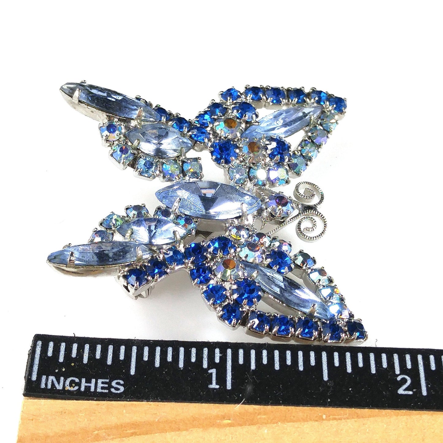 Blue Butterfly Brooch, Aurora Borealis, Rhodium Plated, 1960s Vintage Jewelry