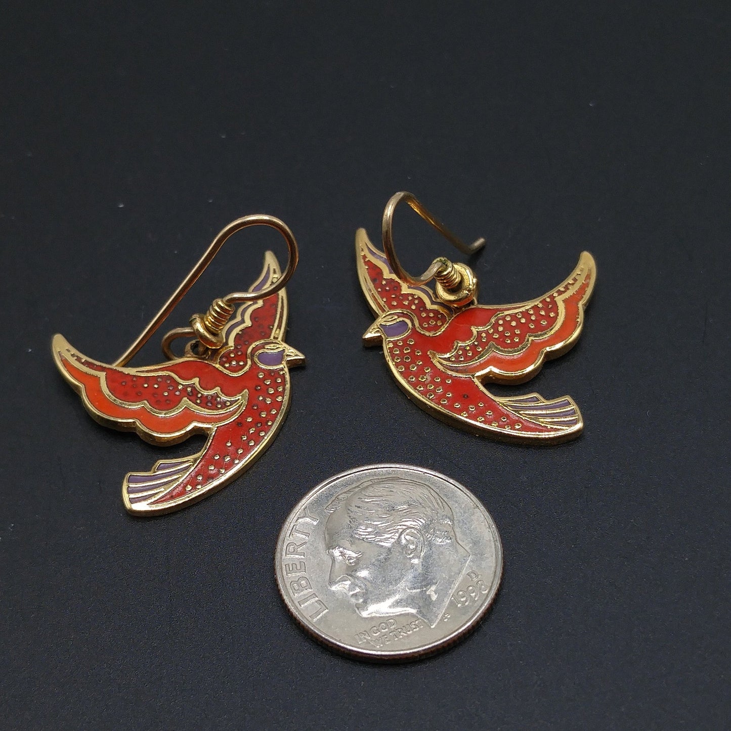 Vintage Laurel Burch "Kris" Red Bird Earrings, Cloisonne Enamel, Gold Plated