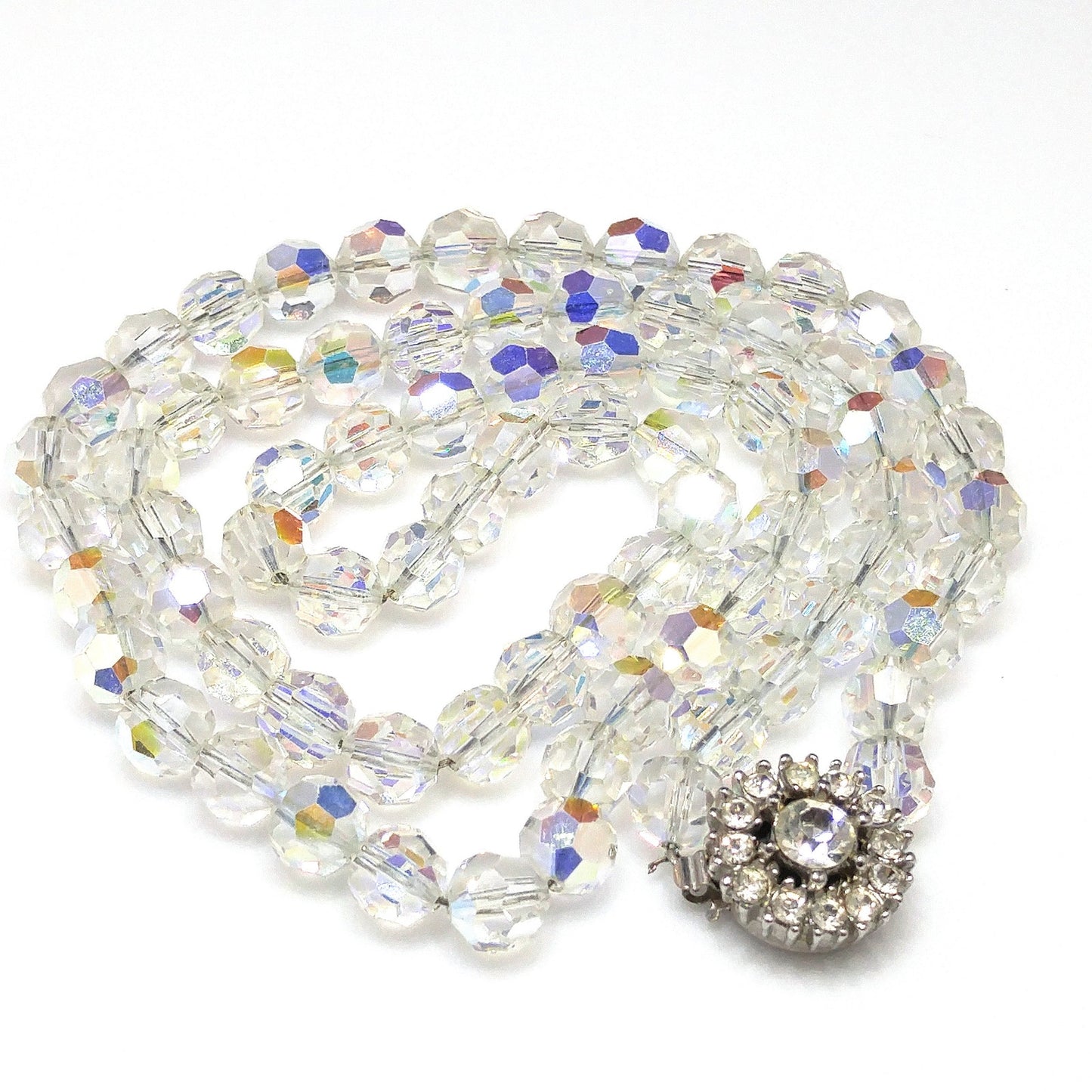 Bergere Aurora Borealis Crystal Long Necklace, Thread on Chain, Rhinestone Clasp, 1960s Vintage Jewelry