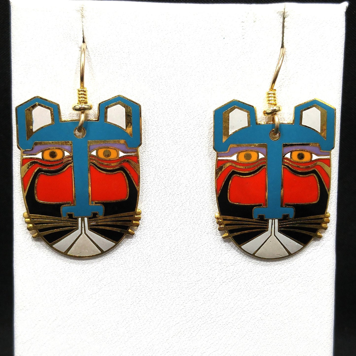 Laurel Burch "Miikio" Earrings, Gold Plated Enamel Large Cat Faces, 1980s Vintage Jewelry
