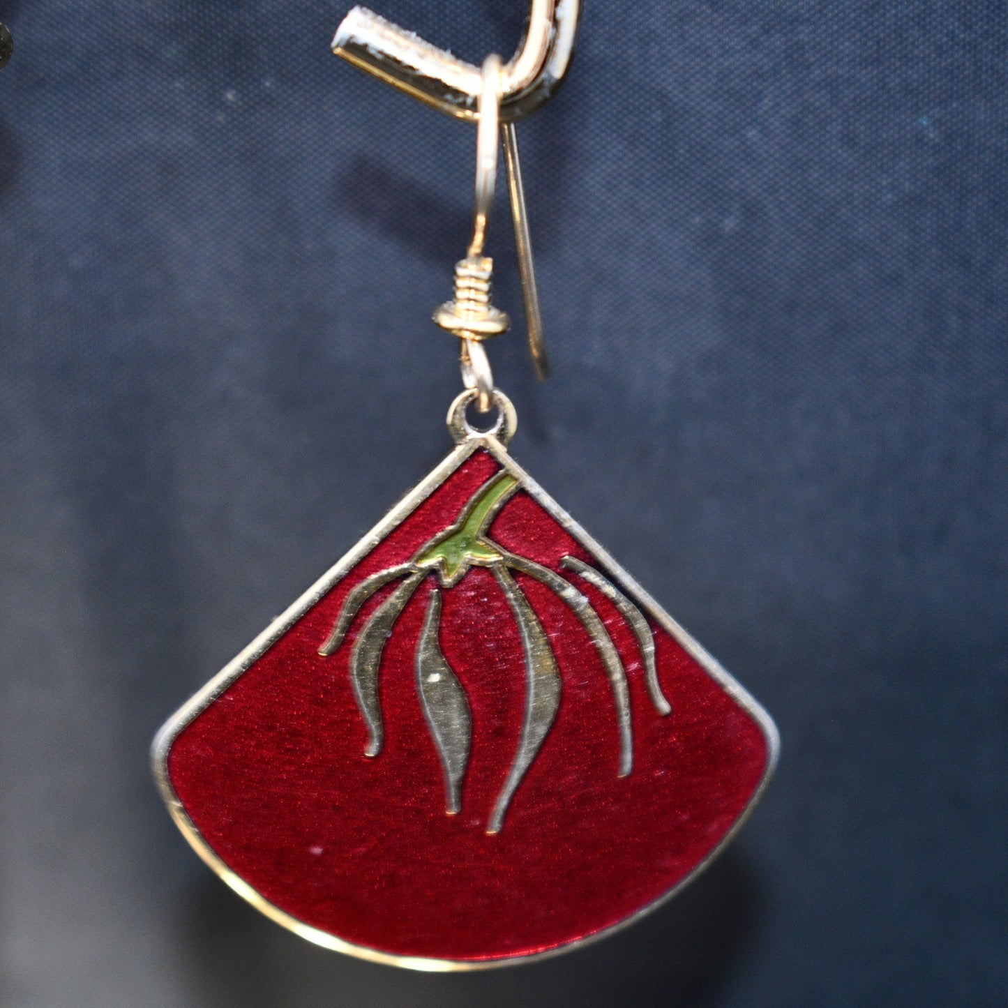 Laurel Burch "Willow Fan" Earrings, Gold Plated, Cloisonne Red Enamel, 1980s