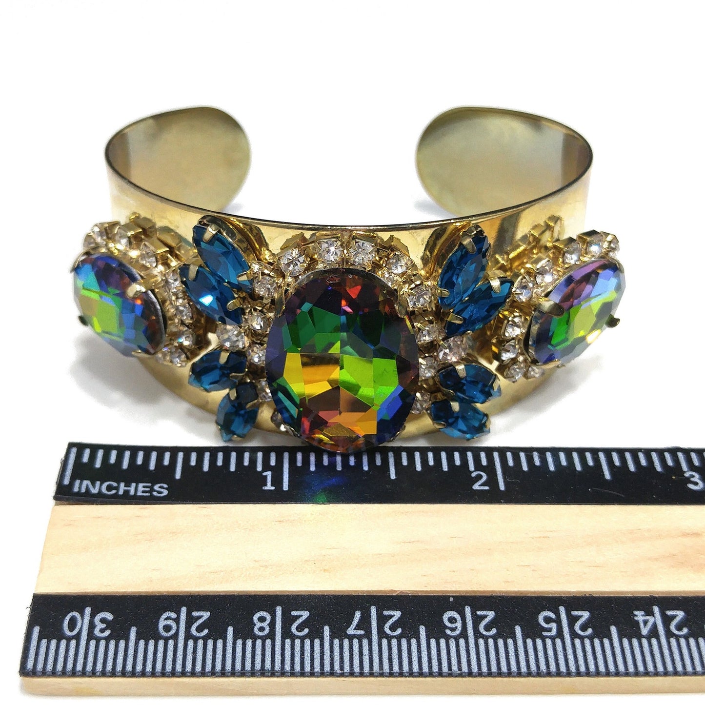 Brass Cuff Bracelet, Watermelon Crystal Rhinestones, Golden Brass, Clear & Sapphire Blue Rhinestones, Vintage Jewelry