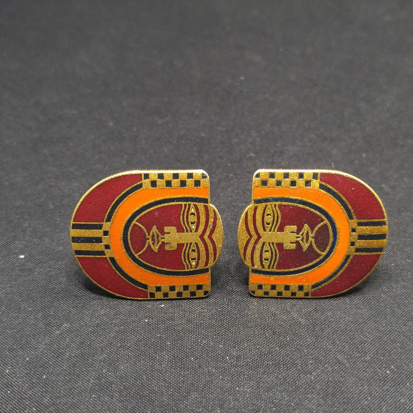 Laurel Burch "Maori" Tribal Mask Clip Earrings, Deep Red Enamel, 1980s Vintage Jewelry