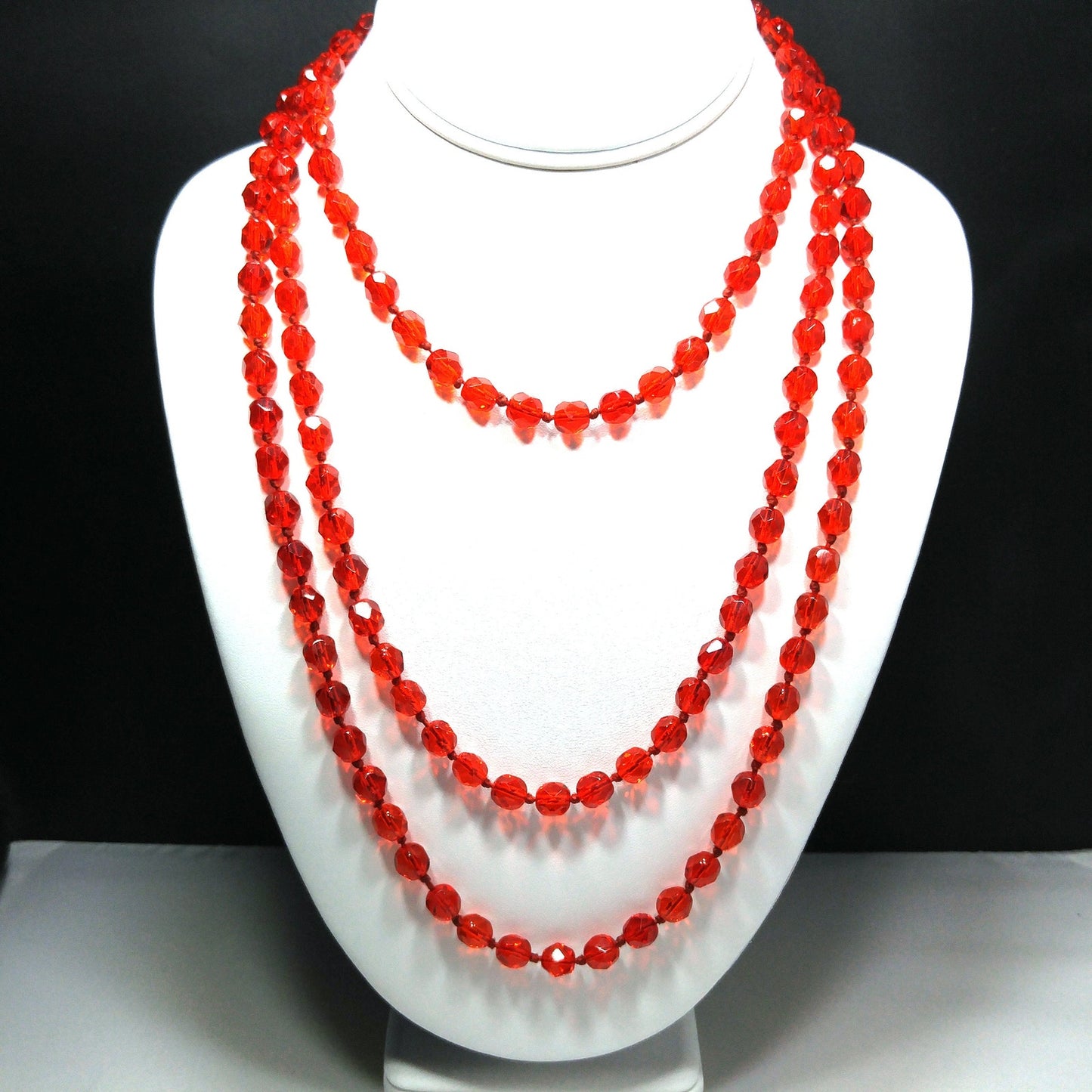 Vintage Red Crystal Hand Knotted Long Necklace, 62 Inches, No Clasp, 1960s Vintage Jewelry
