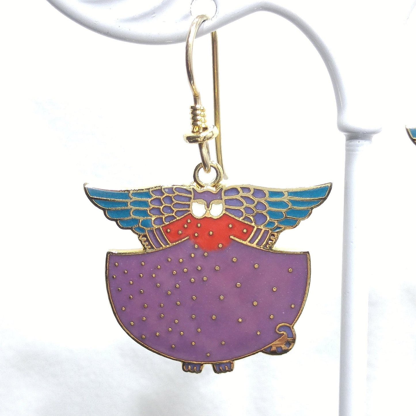 Laurel Burch "Angelicat" Earrings, Gold Plated Cloisonne & Enamel, 1980s