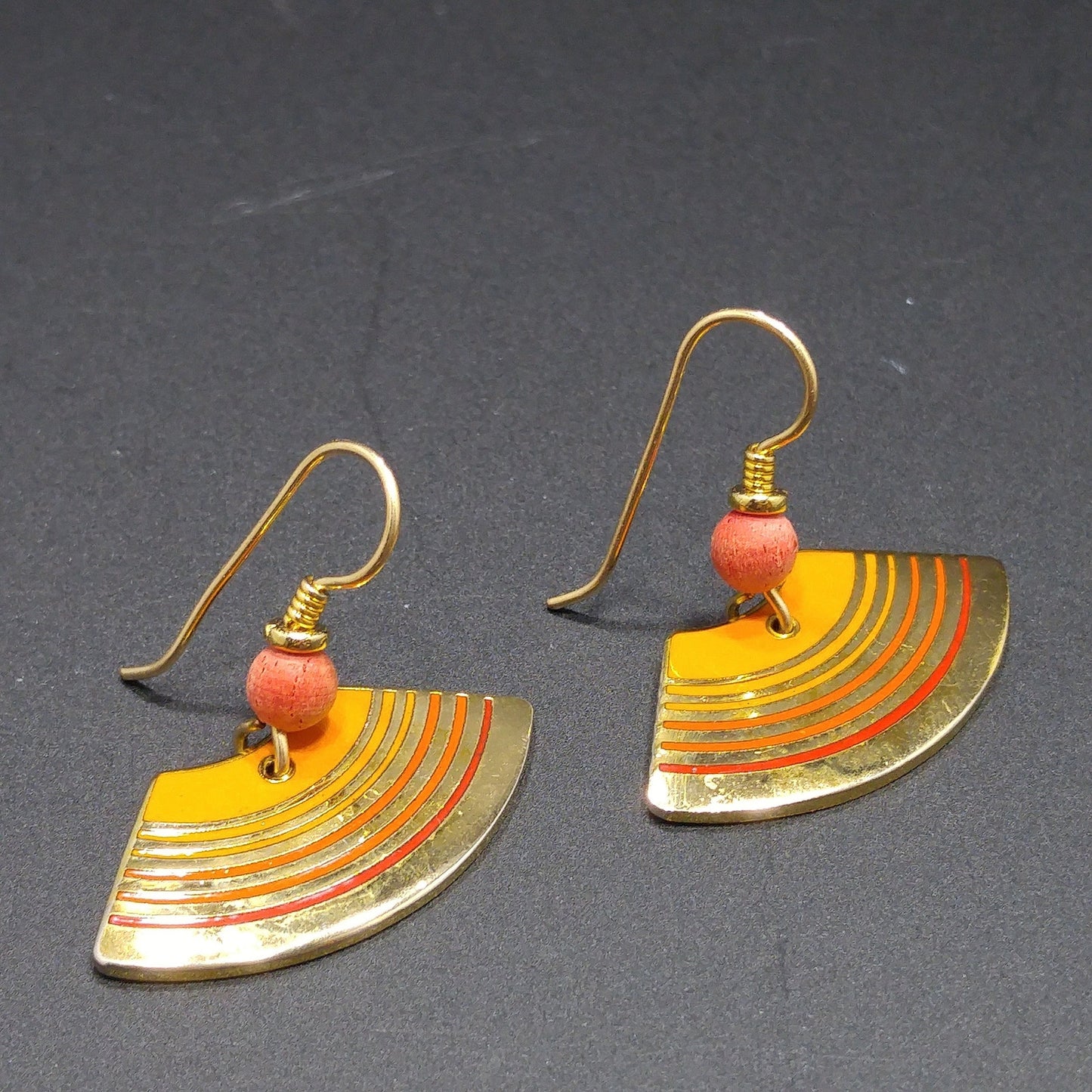 Vintage Laurel Burch "Rhythm" Earrings, Orange Enamel, Gold Plated