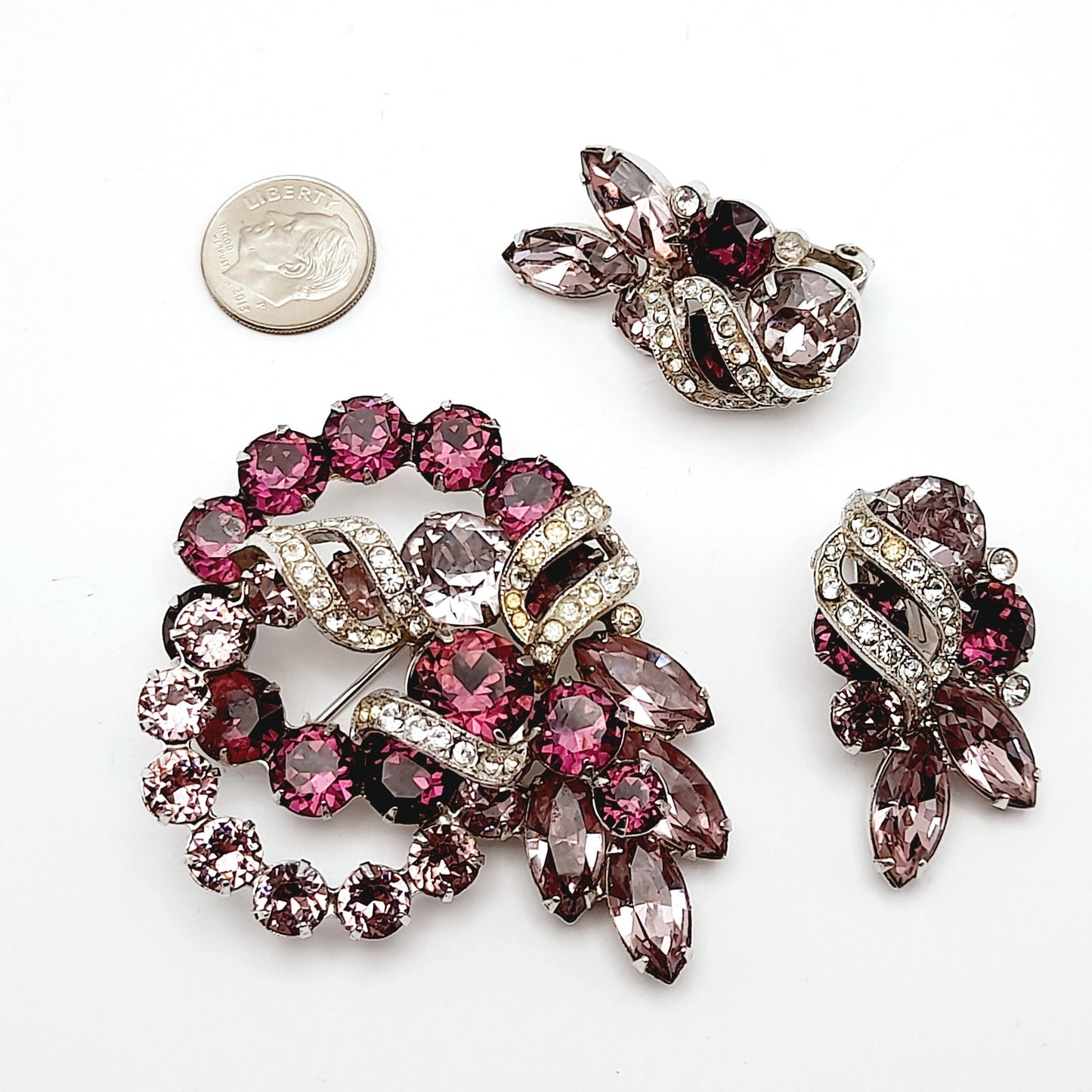 Vintage Eisenberg Purple Rhinestone Rhodium Plated Jewelry Set: Brooch Earrings