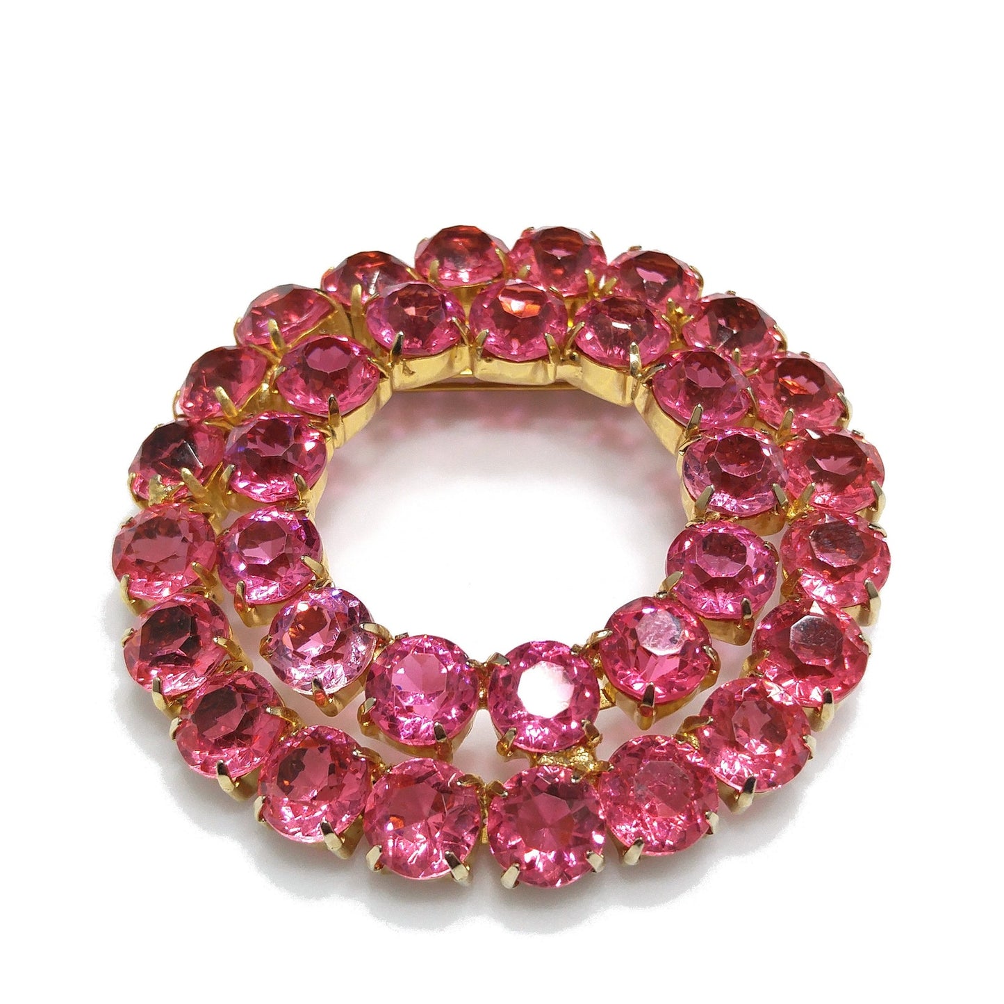 Pink Rhinestone Round Brooch, Gold Plated, Open Back Stones, 1960s Vintage Jewelry