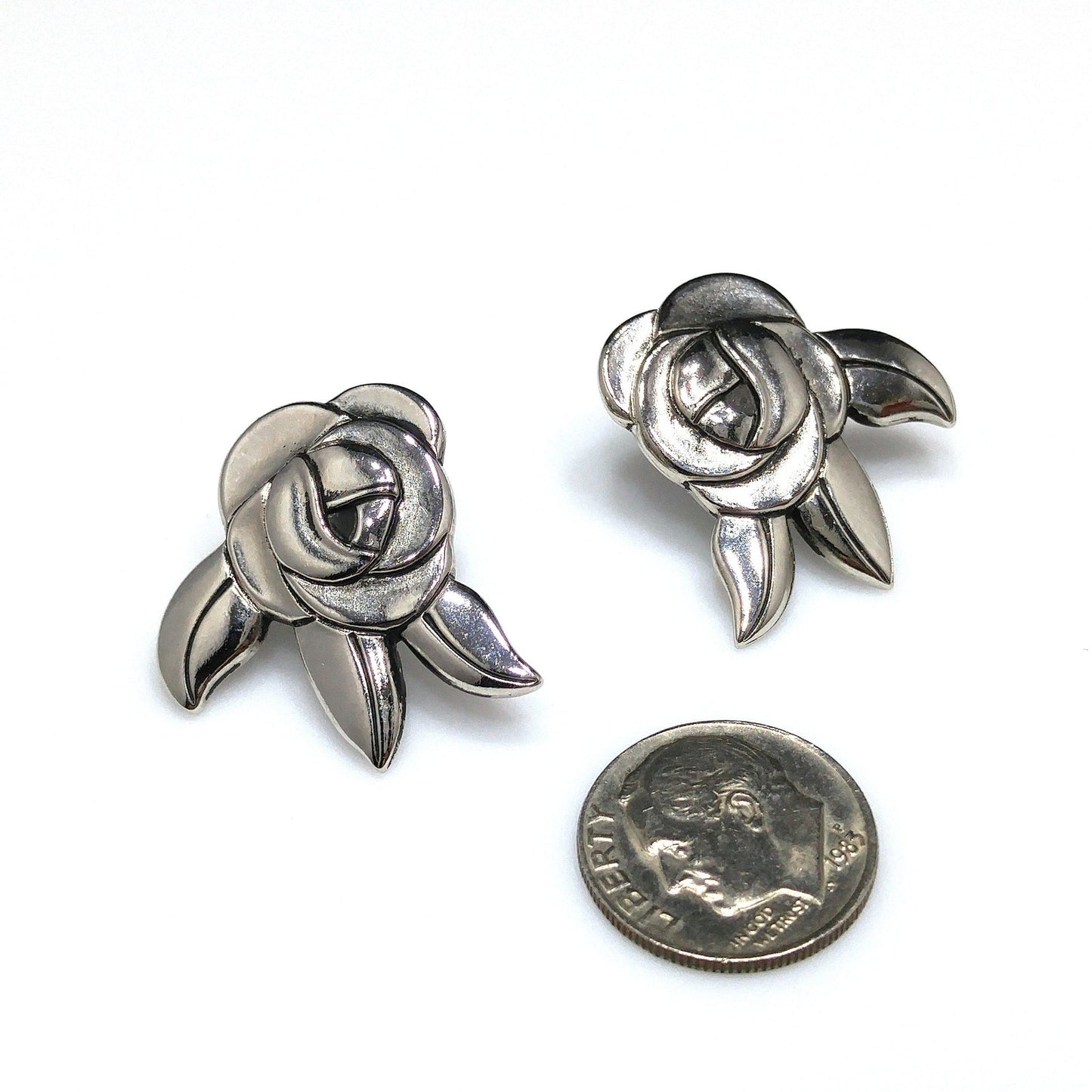 Vintage Laurel Burch Deco Rose Earrings, Rhodium Plated, Black Enamel, 1980s