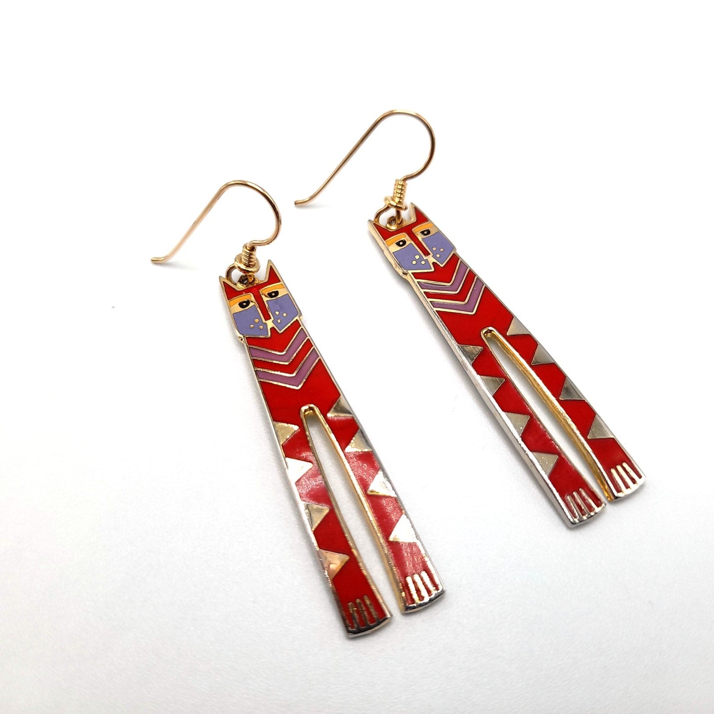 Laurel Burch Red Nubian Cat Earrings, Gold Plated, Tall Red Enamel Cats, 1980s Vintage Jewelry