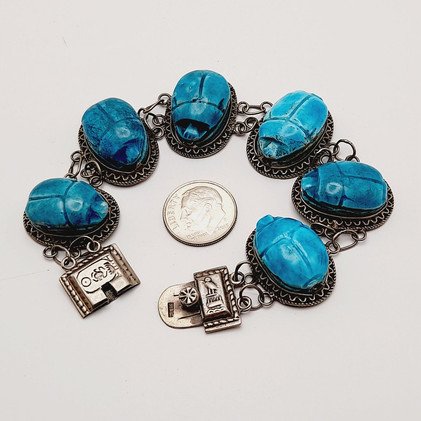 Antique Art Deco Silver Egyptian Revival Scarab Bracelet