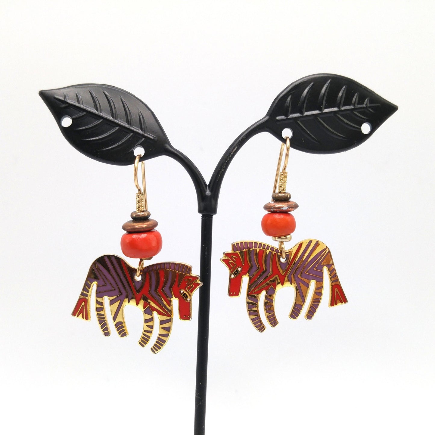 Laurel Burch "Wild Zebra" Earrings, Red Lavender Enamel, Gold Plated, 1980s Vintage Jewelry