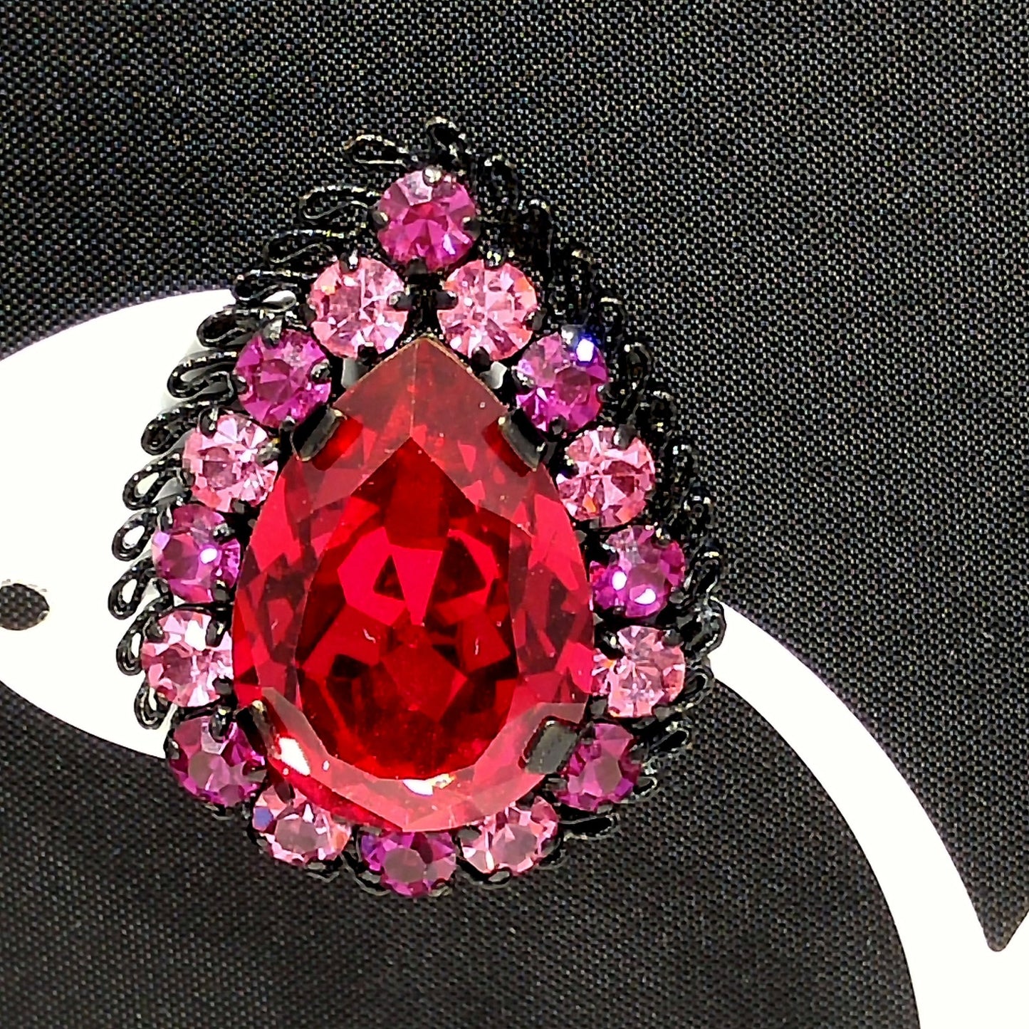 Made in Austria Red Pink Rhinestone Earrings, Japanned Black Metal, 1960s Vintage