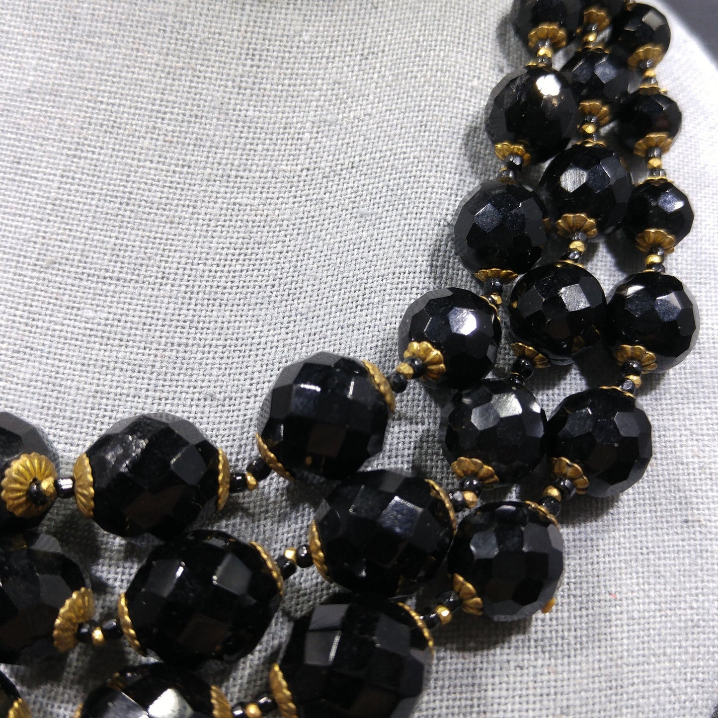 Miriam Haskell Black Beaded Necklace, Three Strands, 1960s Vintage Jewelry