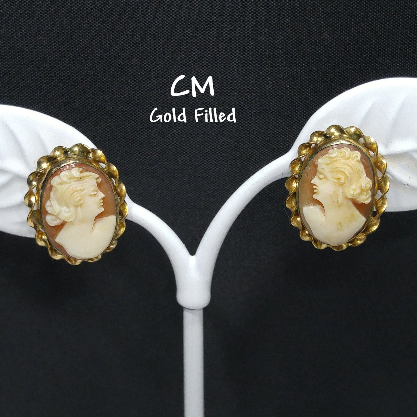 CM Carved Cameo Shell Earrings, Gold Filled, 1940s Vintage Jewelry