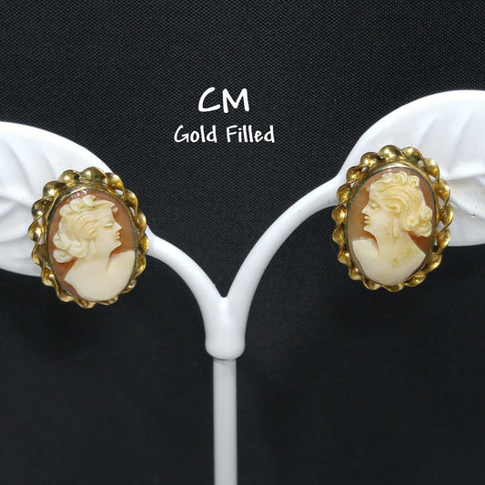 CM Carved Cameo Shell Earrings, Gold Filled, 1940s Vintage Jewelry