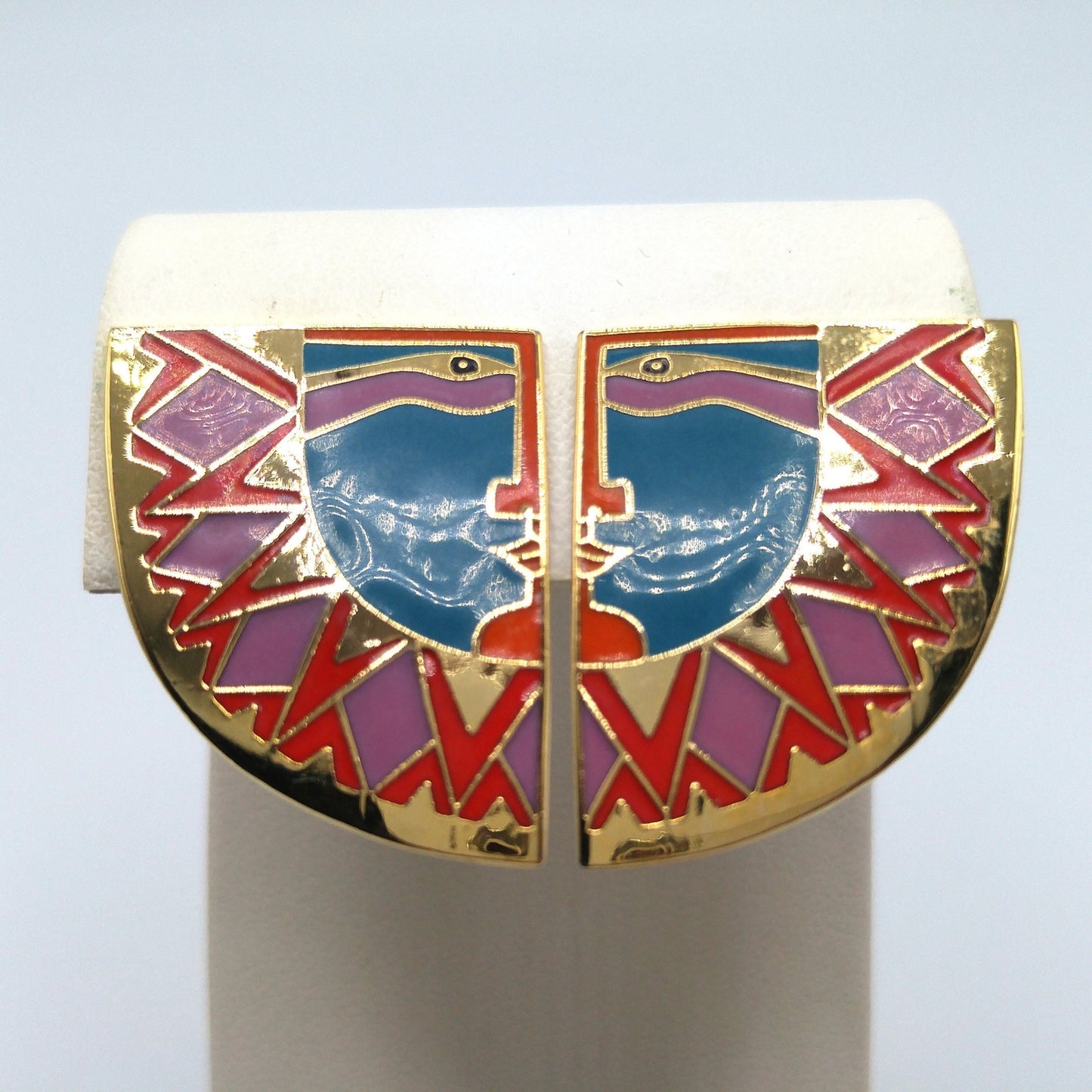 Laurel Burch "Sunface" Clip Earrings, Gold Plated Cloisonne Enamel, 1980s Vintage Jewelry
