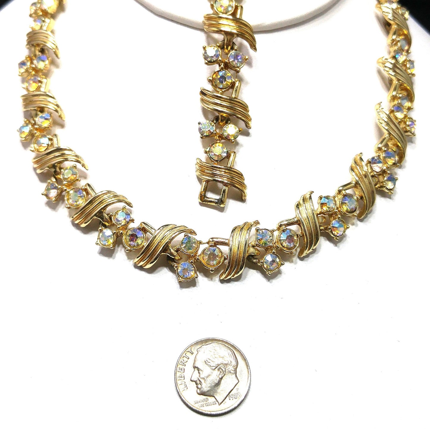 Vintage Aurora Borealis Rhinestone Necklace Bracelet Set, Gold Plated, 1960s Vintage Jewelry