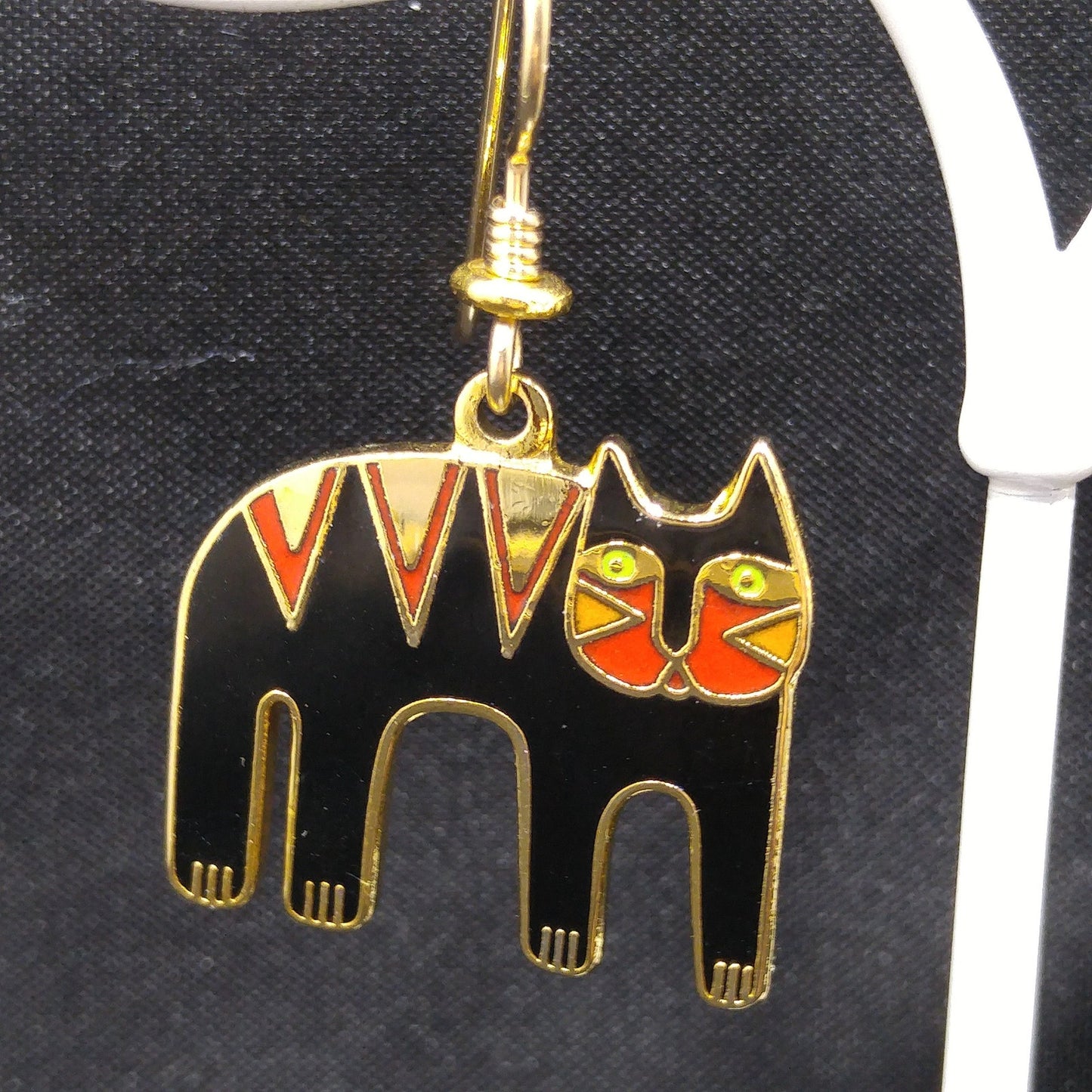 Vintage Laurel Burch "Tiger" Drop Earrings, Gold Plated, Black Red Enamel, 2005