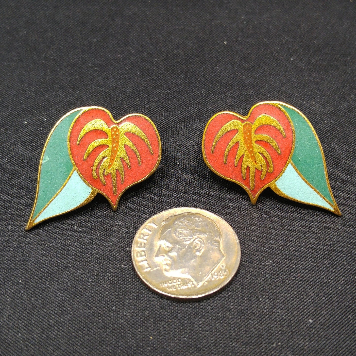 Vintage Laurel Burch "Anthurium" Post Earrings, Red Flower Enamel