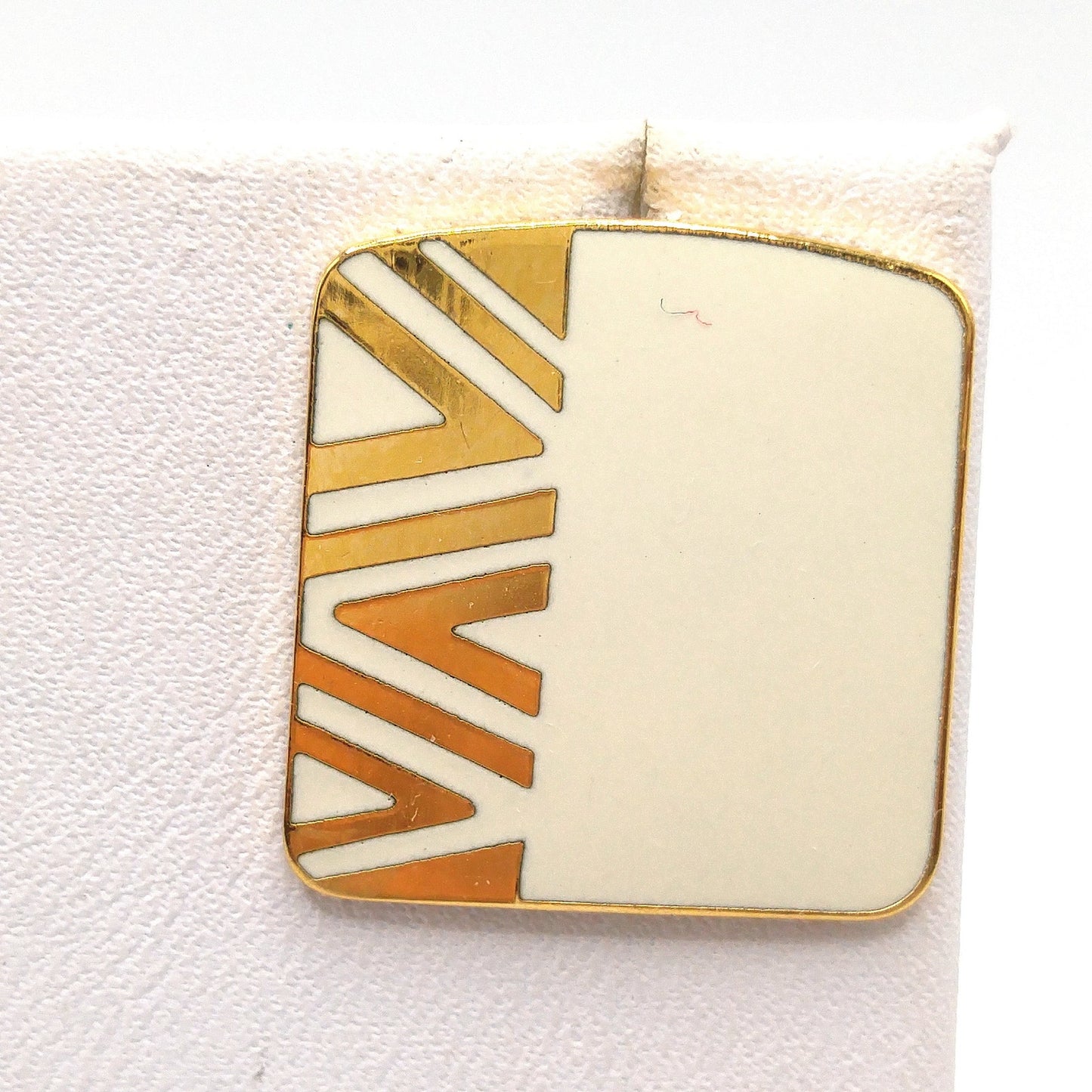 Vintage Laurel Burch "Naito" Geometric Post Earrings, Cream Enamel, Gold Plate