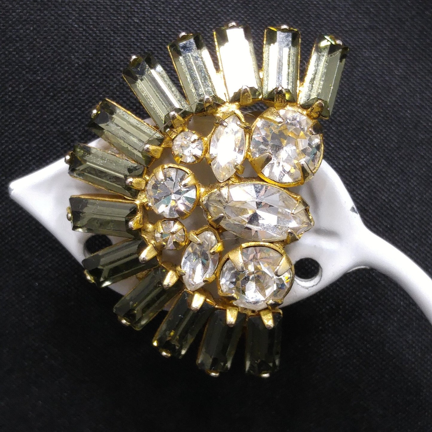 Hobe' Rhinestone Clip Earrings, Clear & Gray Rhinestones, Gold Plated, 1950s Vintage Jewelry