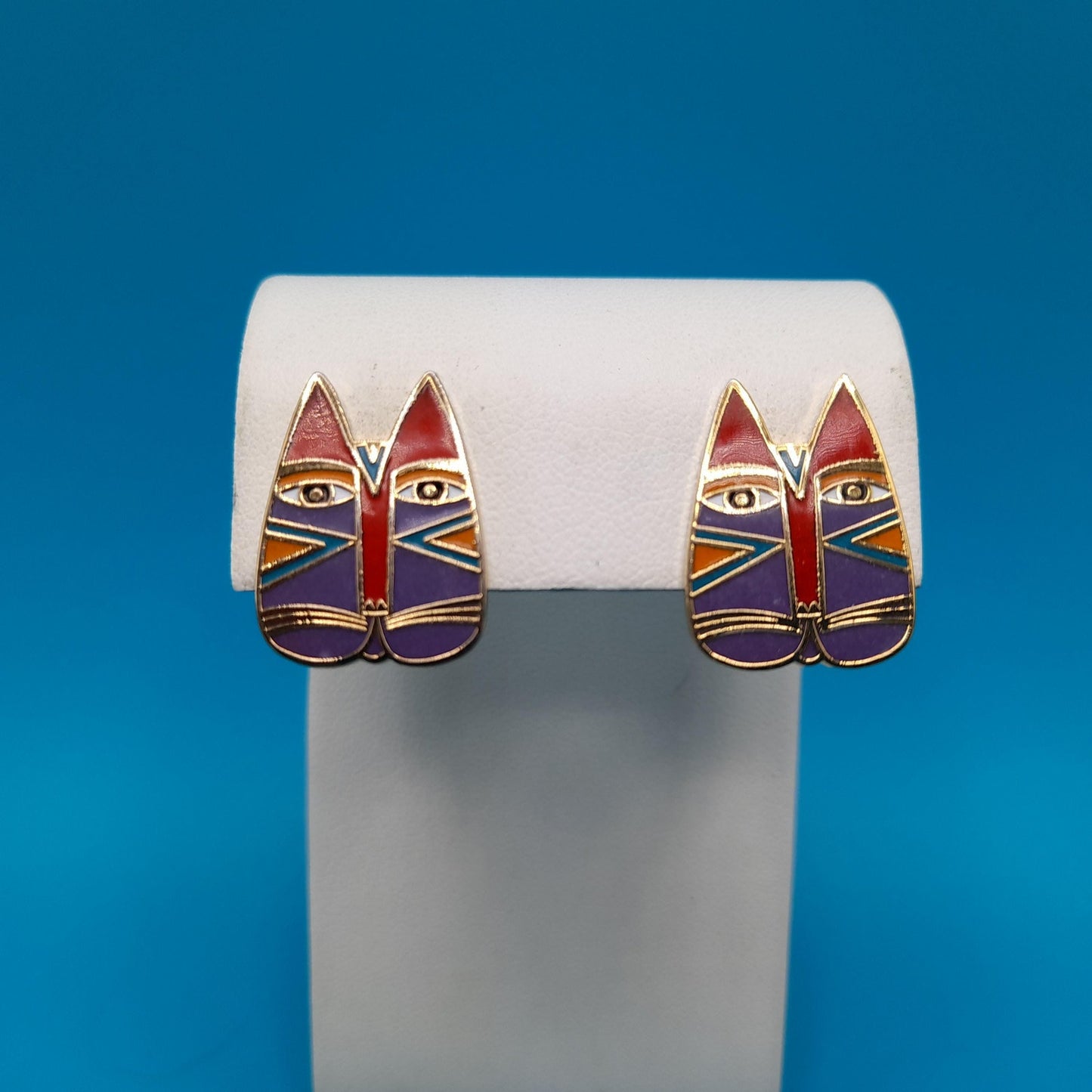 Laurel Burch "Gato" Cat Post Earrings, Enamel Cloisonne, Gold Plated, 1980s Vintage Jewelry