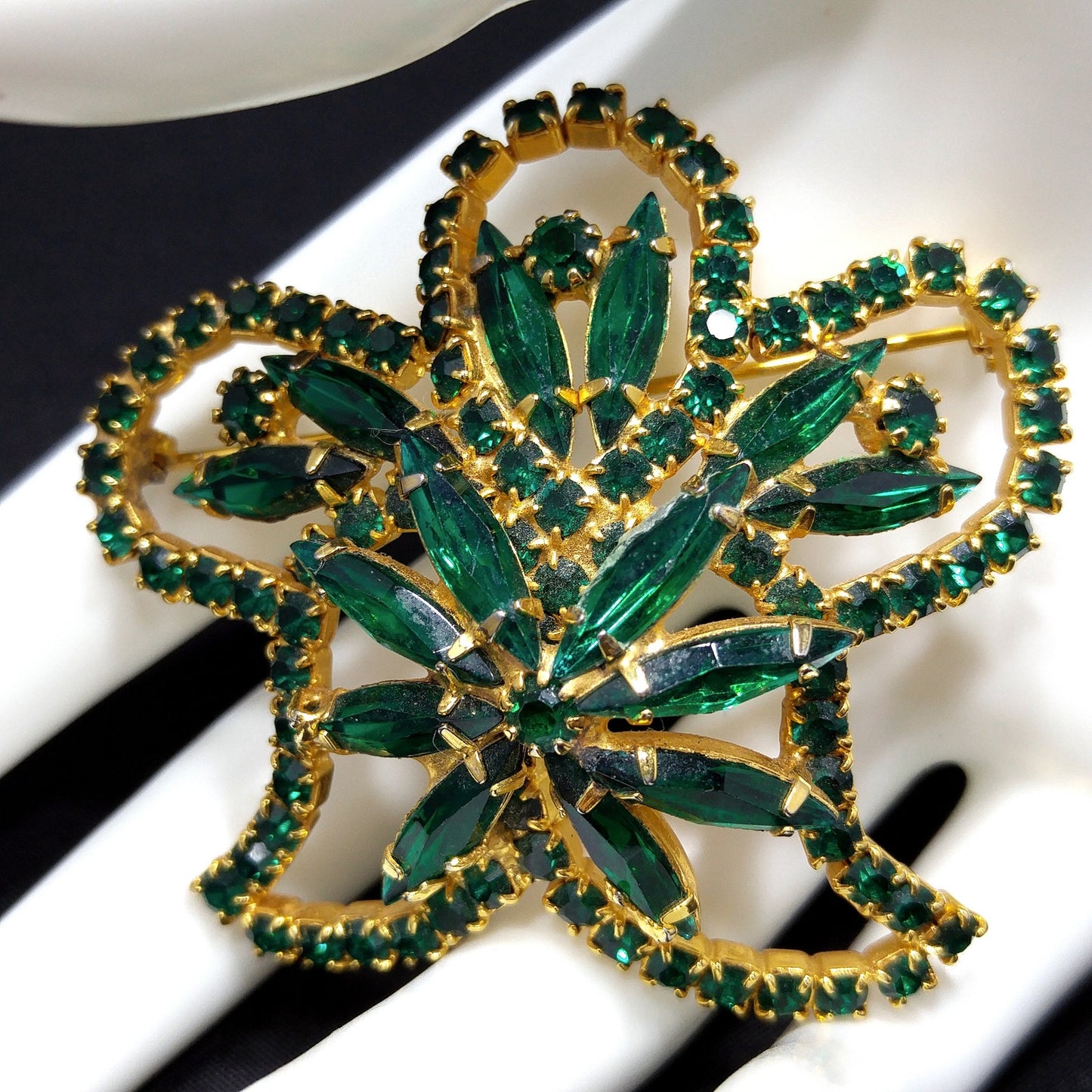 Green Rhinestone Floral Brooch, Gold Plated, 1960s Vintage Jewelry