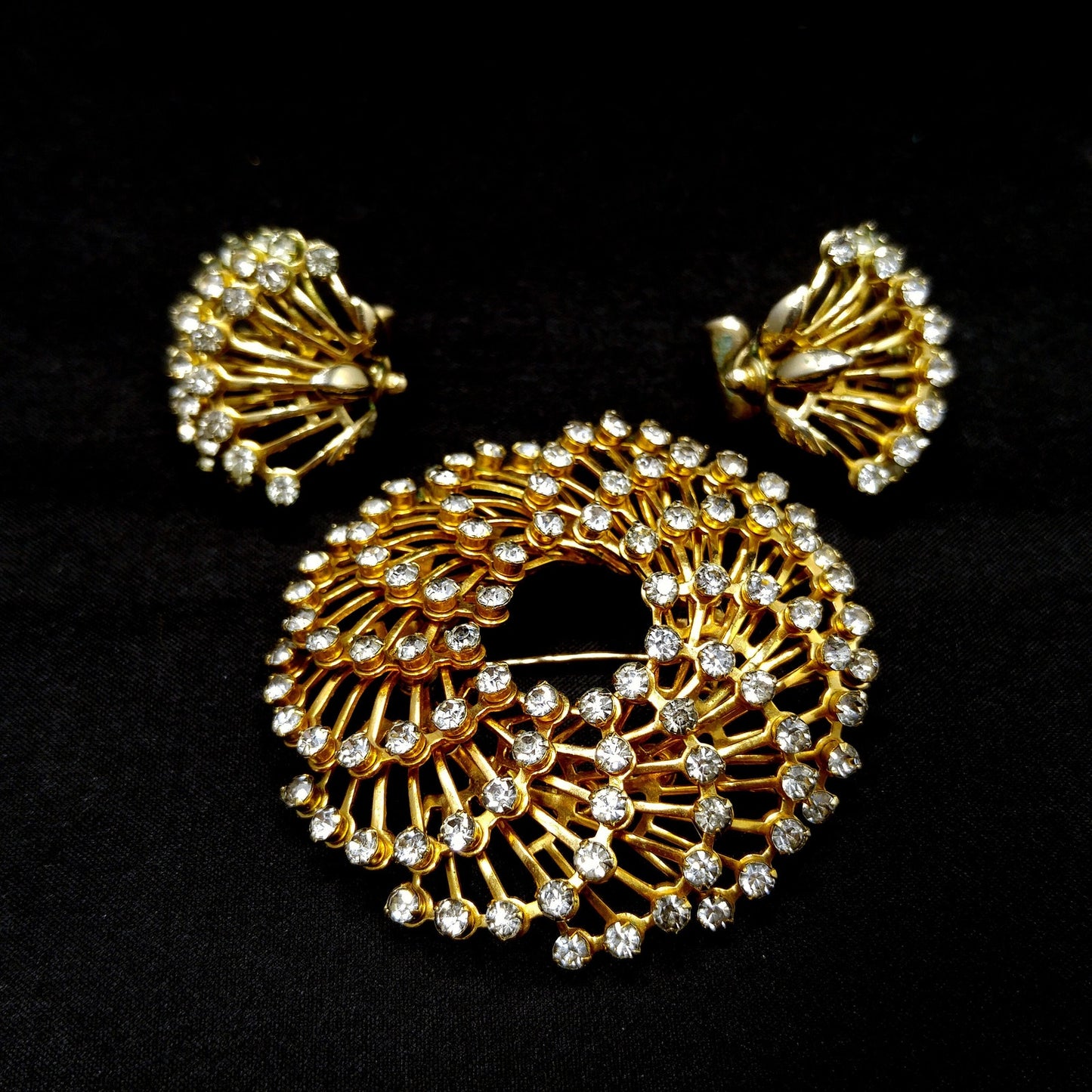 Vintage Hattie Carnegie Rhinestone Brooch & Earrings, Gold Plated, 1950s