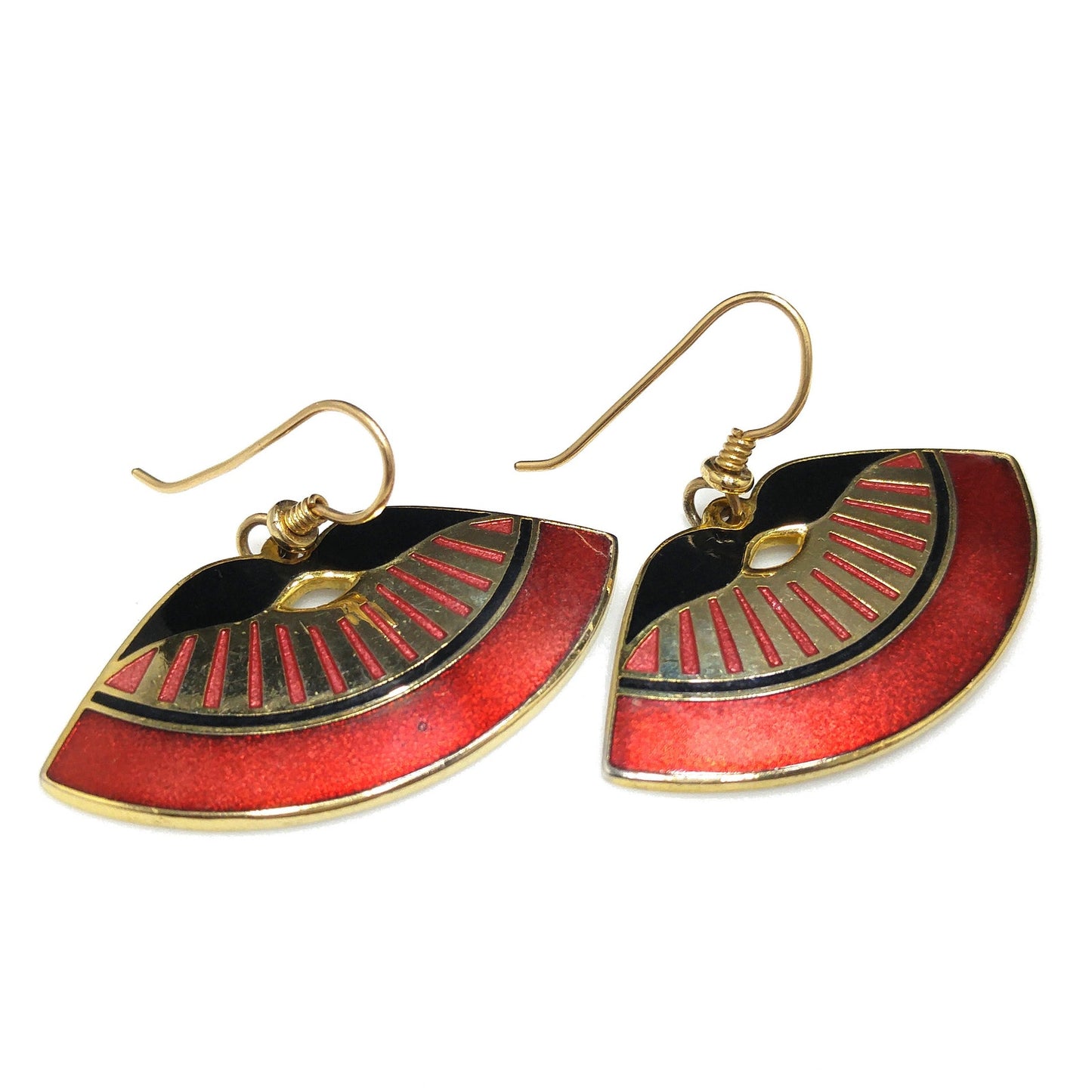 Laurel Burch Metallic Red Fan Earrings, Cloisonne Gold Plate Enamel, 1980s Vintage Jewelry
