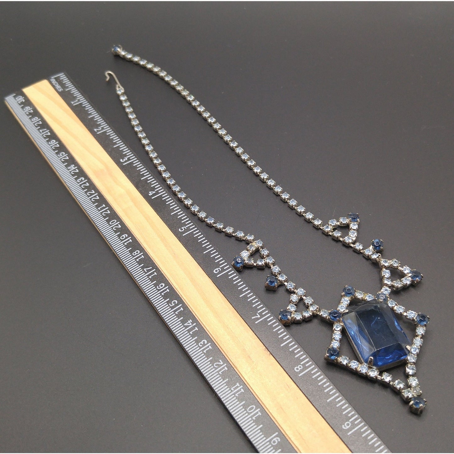 Mid-Century Blue Glass Pendant Necklace, Dark Light Blue Rhinestones, 1950s Vintage Jewelry